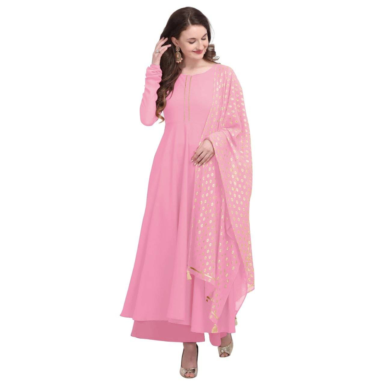 JULEE Women's Crepe Solid Anarkali Kurti with Dupatta - ( Pink )     			JULEE Women's Crepe Solid Anarkali Kurti with Dupatta - ( Pink )