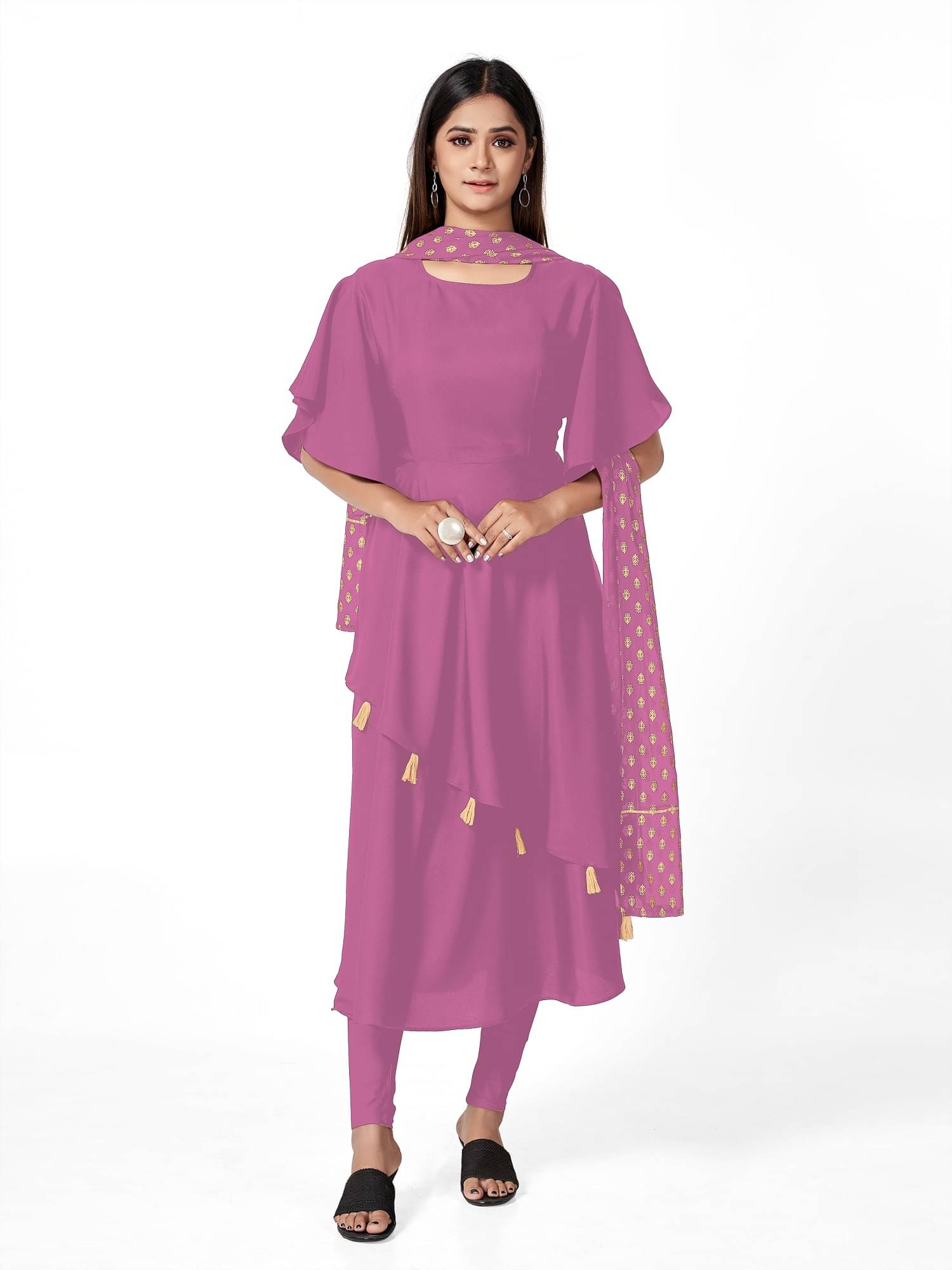     			JULEE Women's Crepe Solid Flared Kurti with Dupatta - ( Pink )