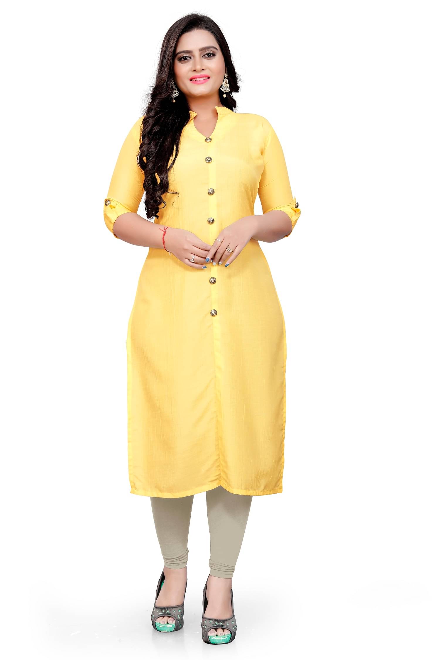     			JULEE Women's Polyester Solid Front Slit Kurti - ( Yellow )