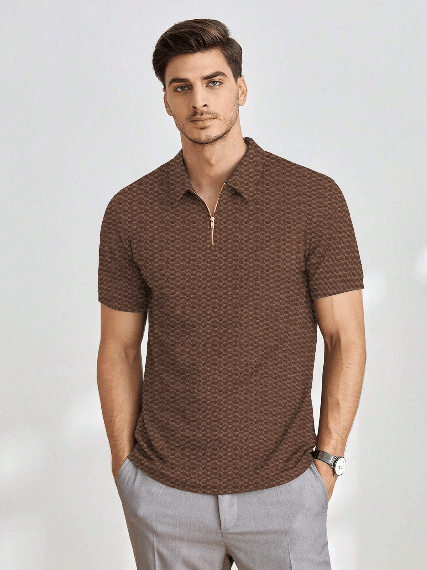     			KAJARU Men Polyester Regular Fit Self Design Polo T Shirt ( Brown )