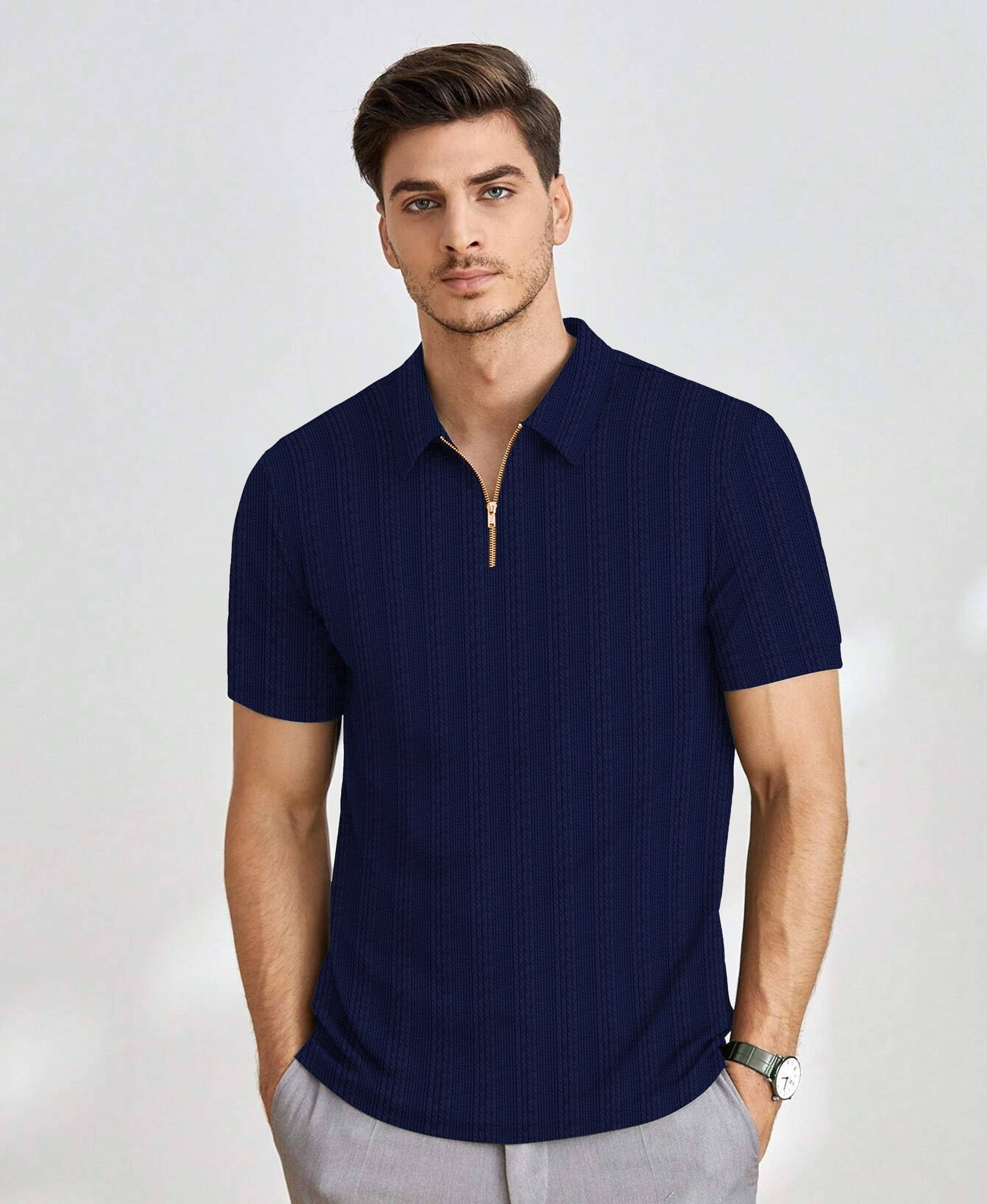KAJARU Men Polyester Regular Fit Striped Polo T Shirt ( Blue ) KAJARU Men Polyester Regular Fit Striped Polo T Shirt ( Blue )