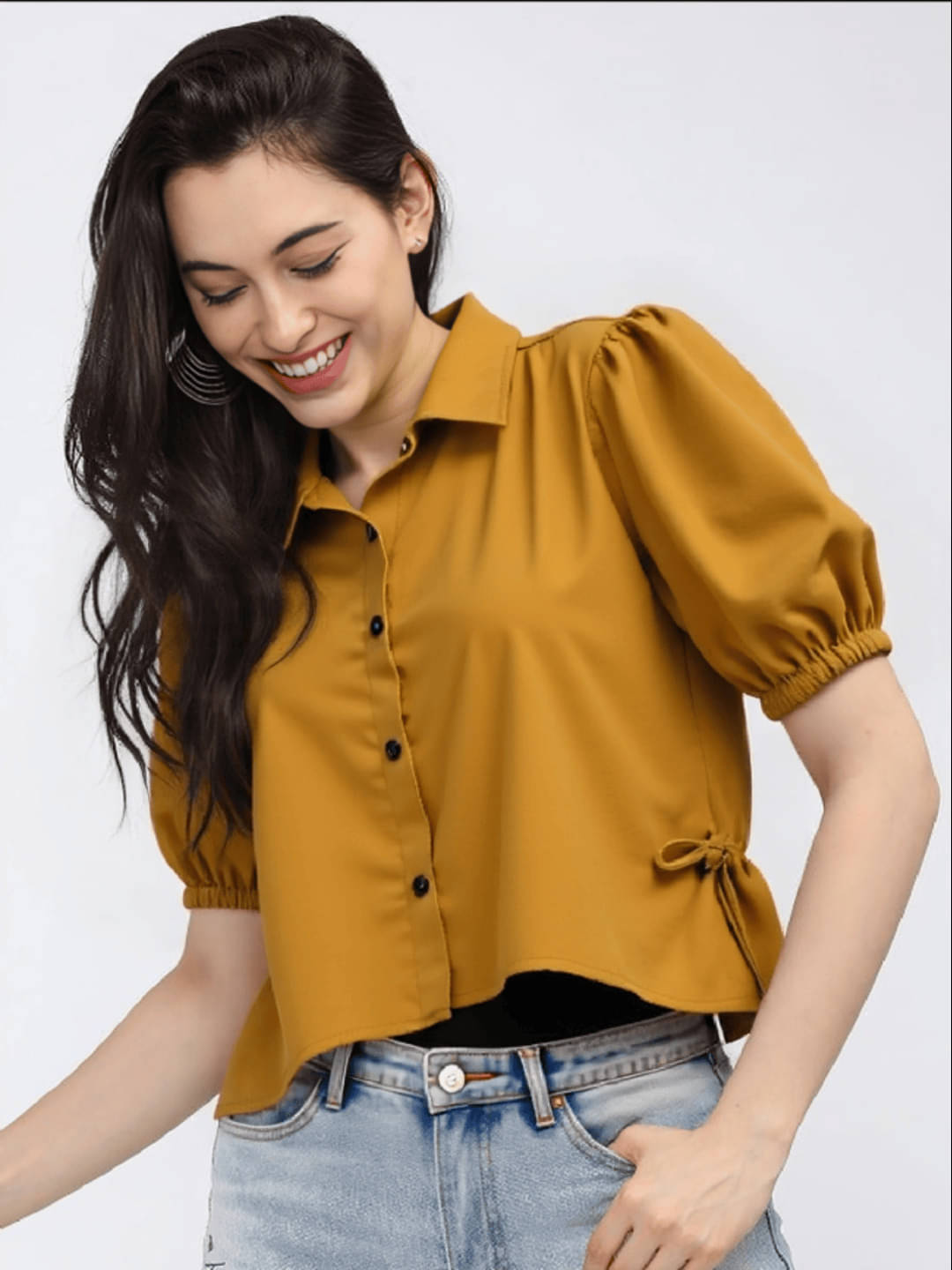 PLUS PARADISE Women Solid Cotton Shirt ( Mustard ) PLUS PARADISE Women Solid Cotton Shirt ( Mustard )