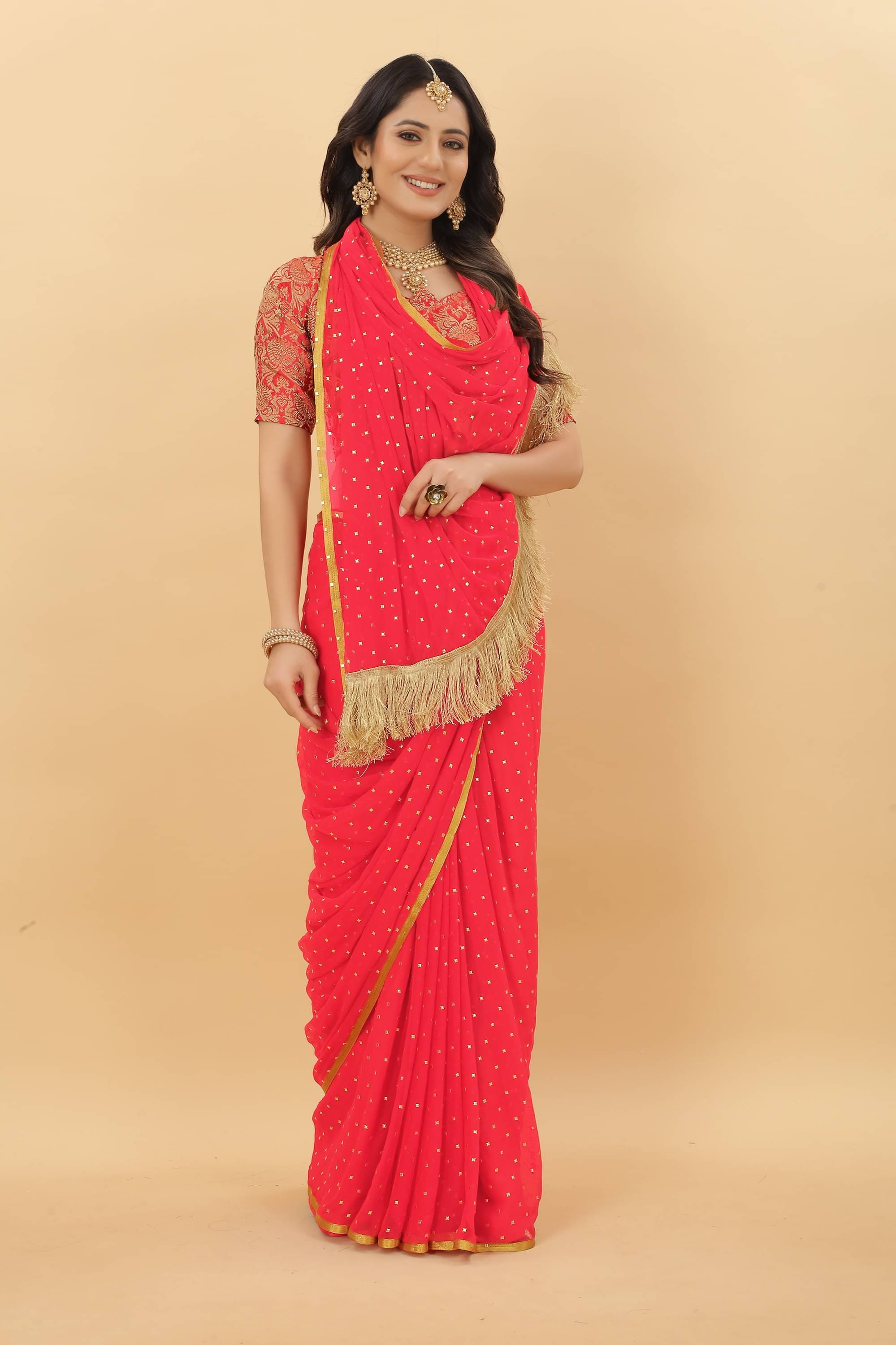     			Parmila Fashion Chiffon Embellished Saree With Unstitched Blouse Piece ( Pink )