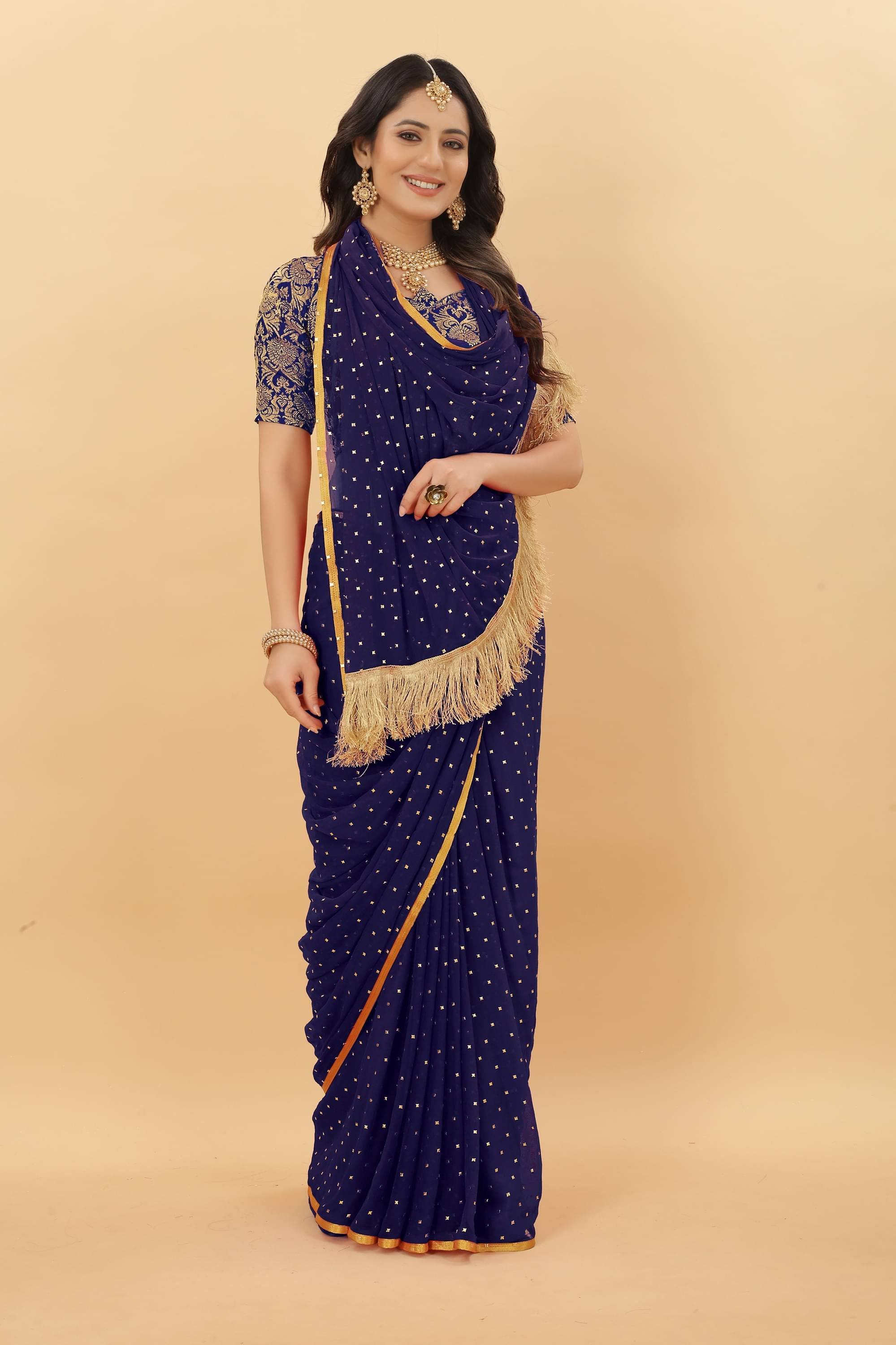 Parmila Fashion Chiffon Embellished Saree With Unstitched Blouse Piece ( Navy Blue ) Parmila Fashion Chiffon Embellished Saree With Unstitched Blouse Piece ( Navy Blue )