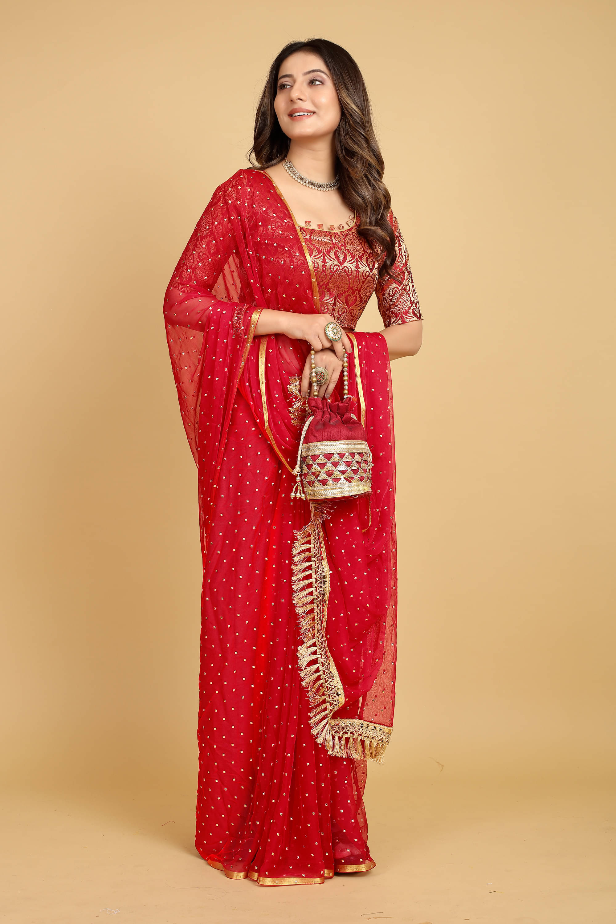 Parmila Fashion Chiffon Embellished Saree With Unstitched Blouse Piece ( Red ) Parmila Fashion Chiffon Embellished Saree With Unstitched Blouse Piece ( Red )