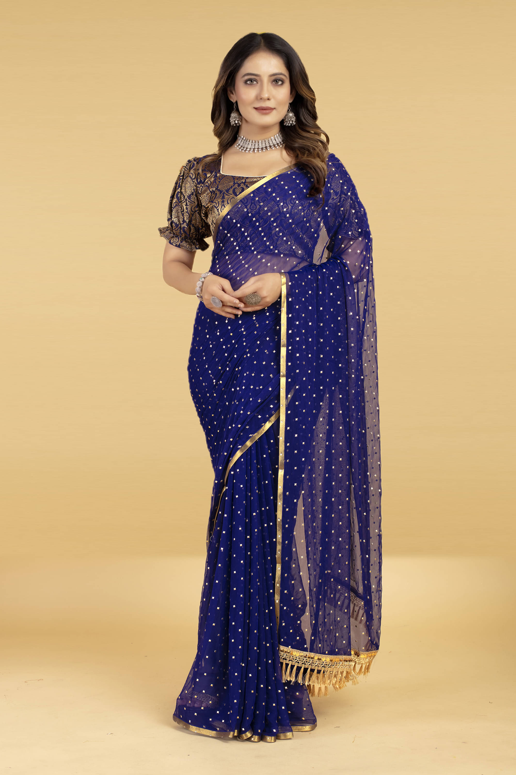 Parmila Fashion Chiffon Embellished Saree With Unstitched Blouse Piece ( Navy Blue )     			Parmila Fashion Chiffon Embellished Saree With Unstitched Blouse Piece ( Navy Blue )