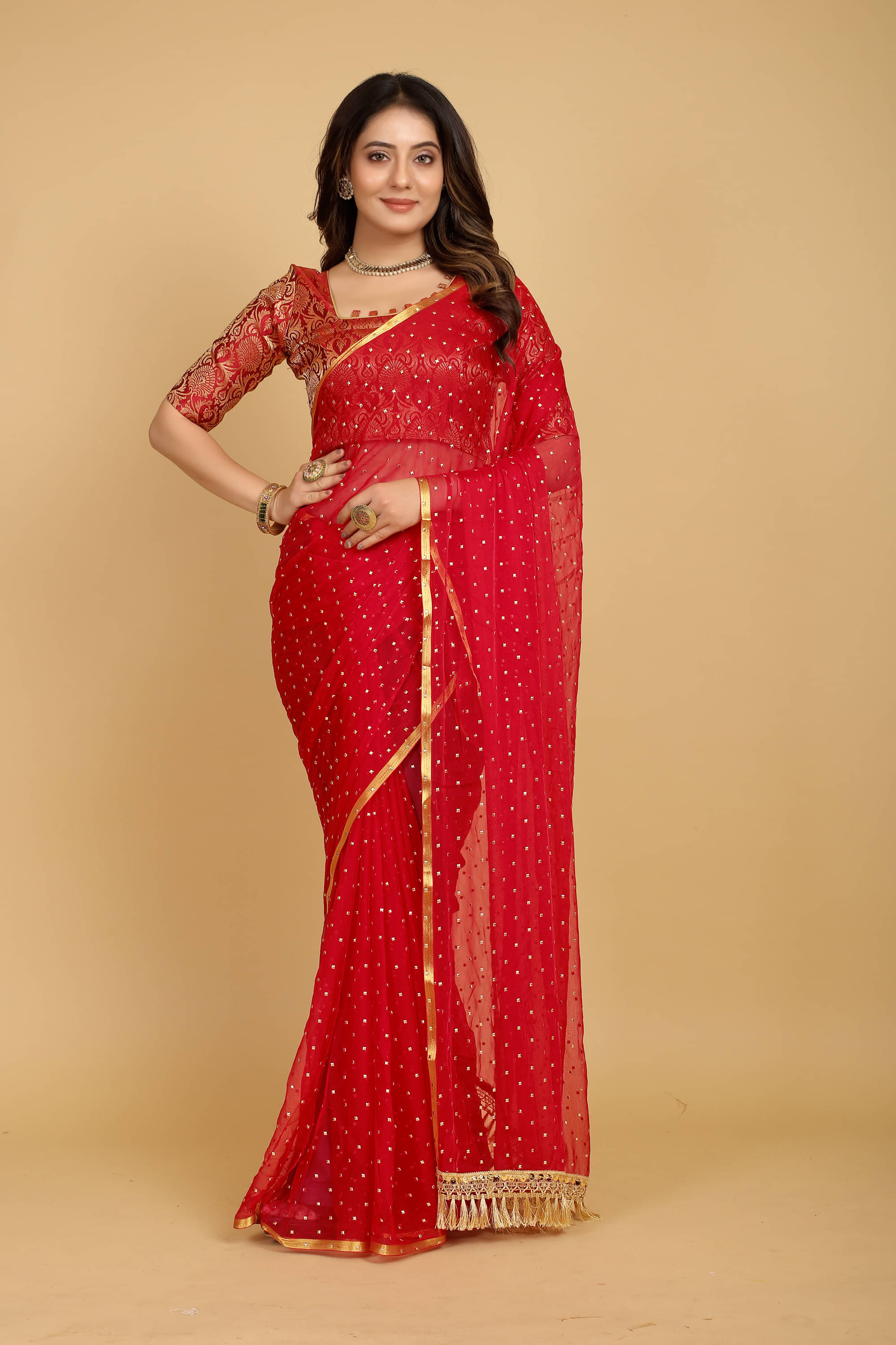Parmila Fashion Chiffon Embellished Saree With Unstitched Blouse Piece ( Red ) Parmila Fashion Chiffon Embellished Saree With Unstitched Blouse Piece ( Red )