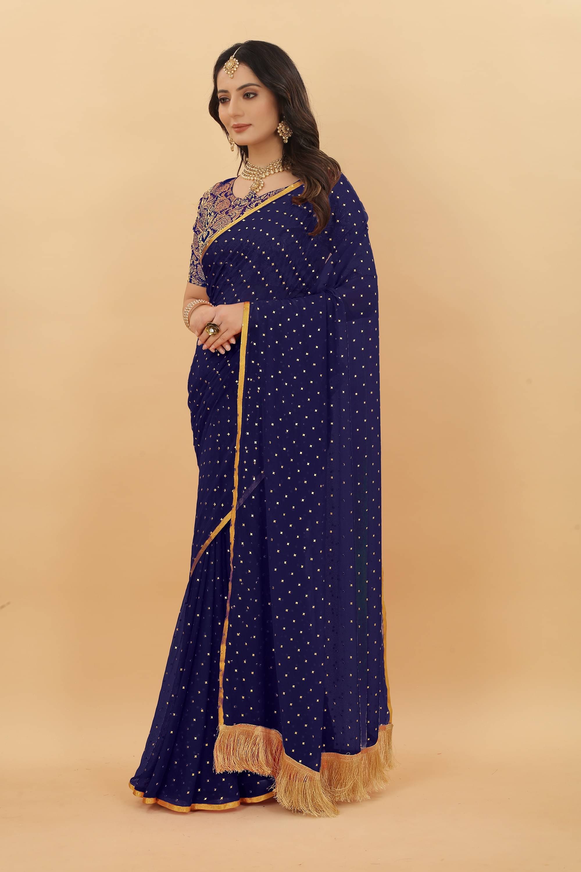 Parmila Fashion Chiffon Embellished Saree With Unstitched Blouse Piece ( Navy Blue ) Parmila Fashion Chiffon Embellished Saree With Unstitched Blouse Piece ( Navy Blue )