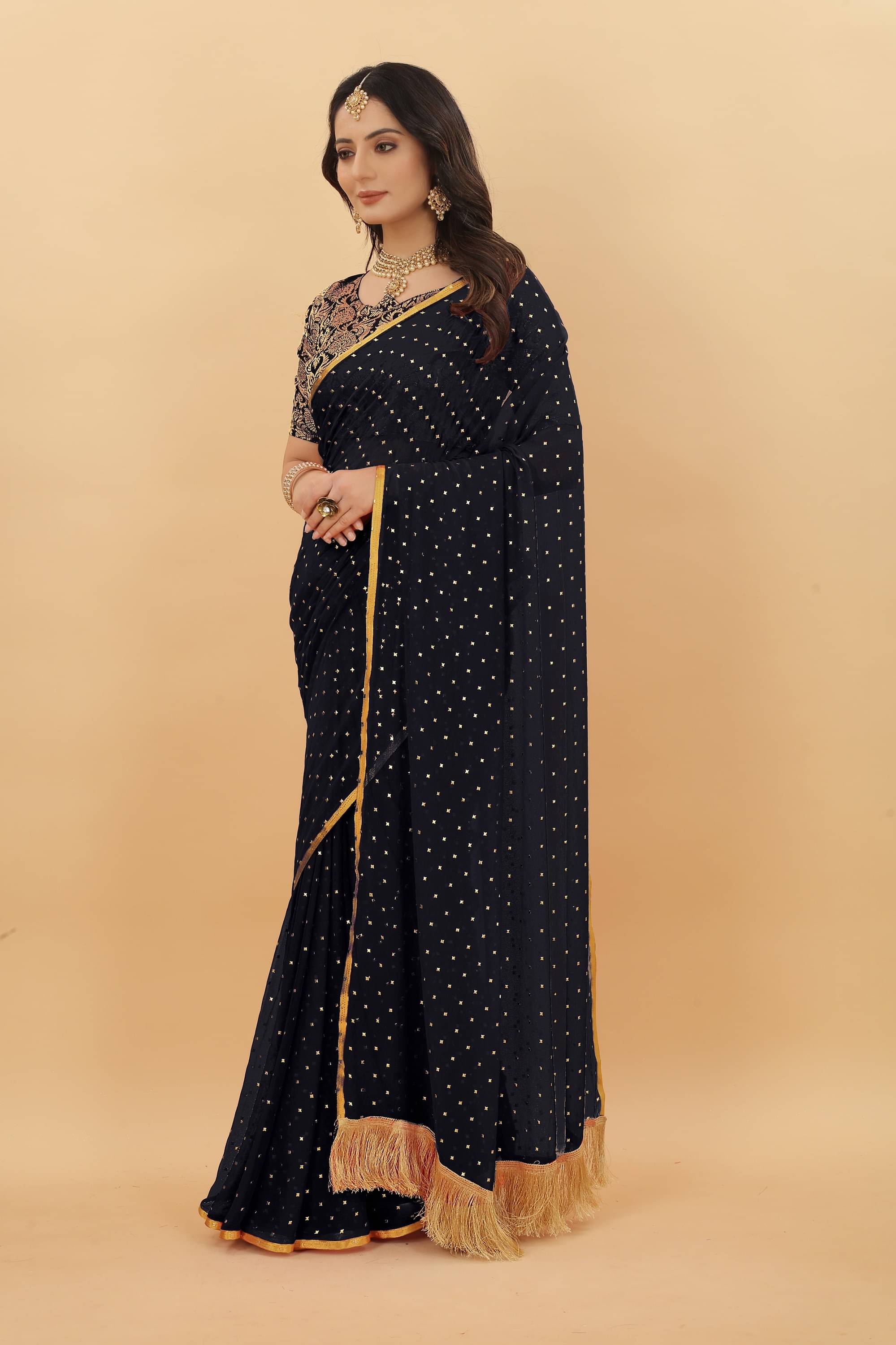 Parmila Fashion Chiffon Embellished Saree With Unstitched Blouse Piece ( Black ) Parmila Fashion Chiffon Embellished Saree With Unstitched Blouse Piece ( Black )