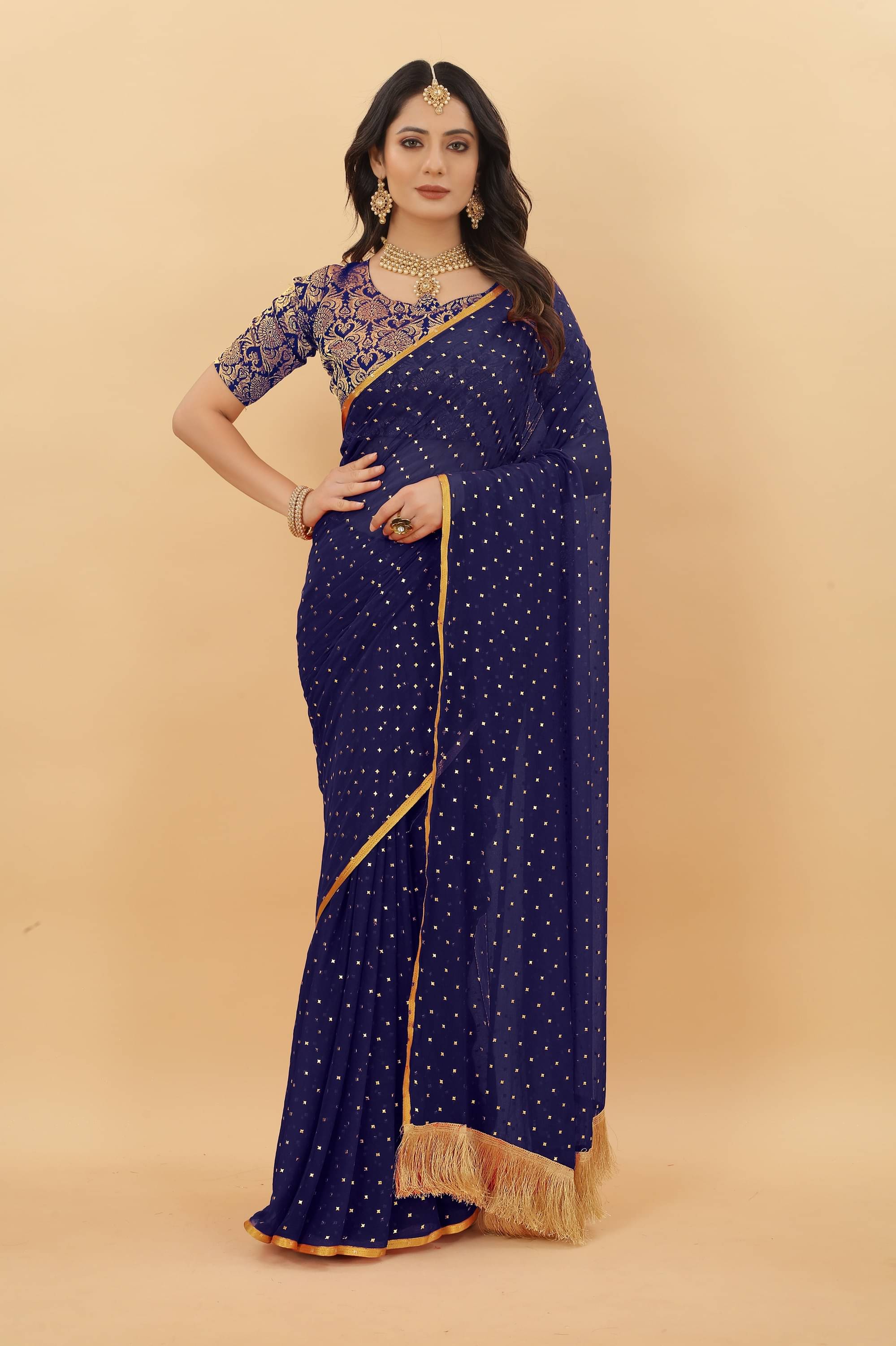     			Parmila Fashion Chiffon Embellished Saree With Unstitched Blouse Piece ( Navy Blue )