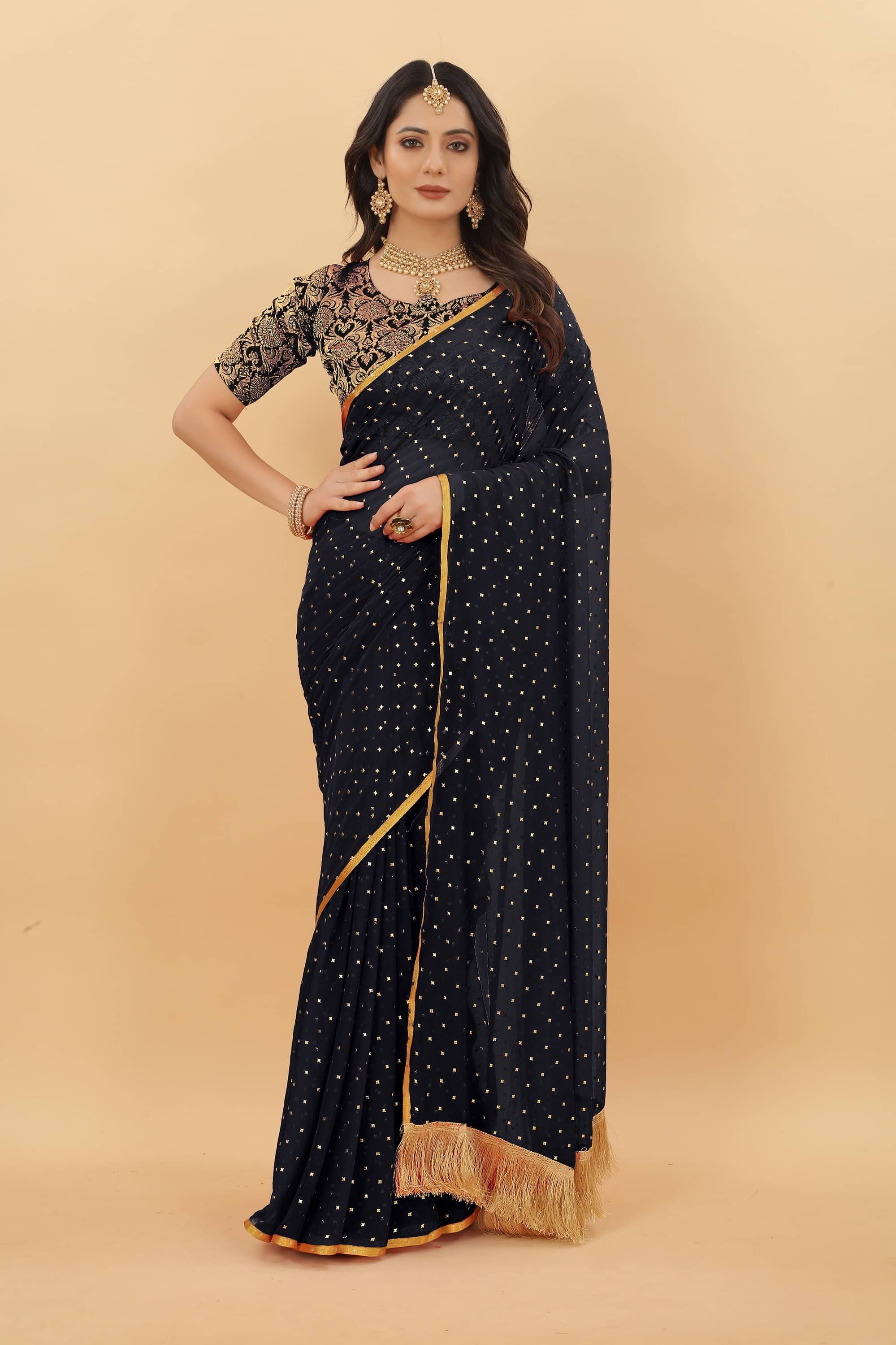 Parmila Fashion Chiffon Embellished Saree With Unstitched Blouse Piece ( Black )     			Parmila Fashion Chiffon Embellished Saree With Unstitched Blouse Piece ( Black )