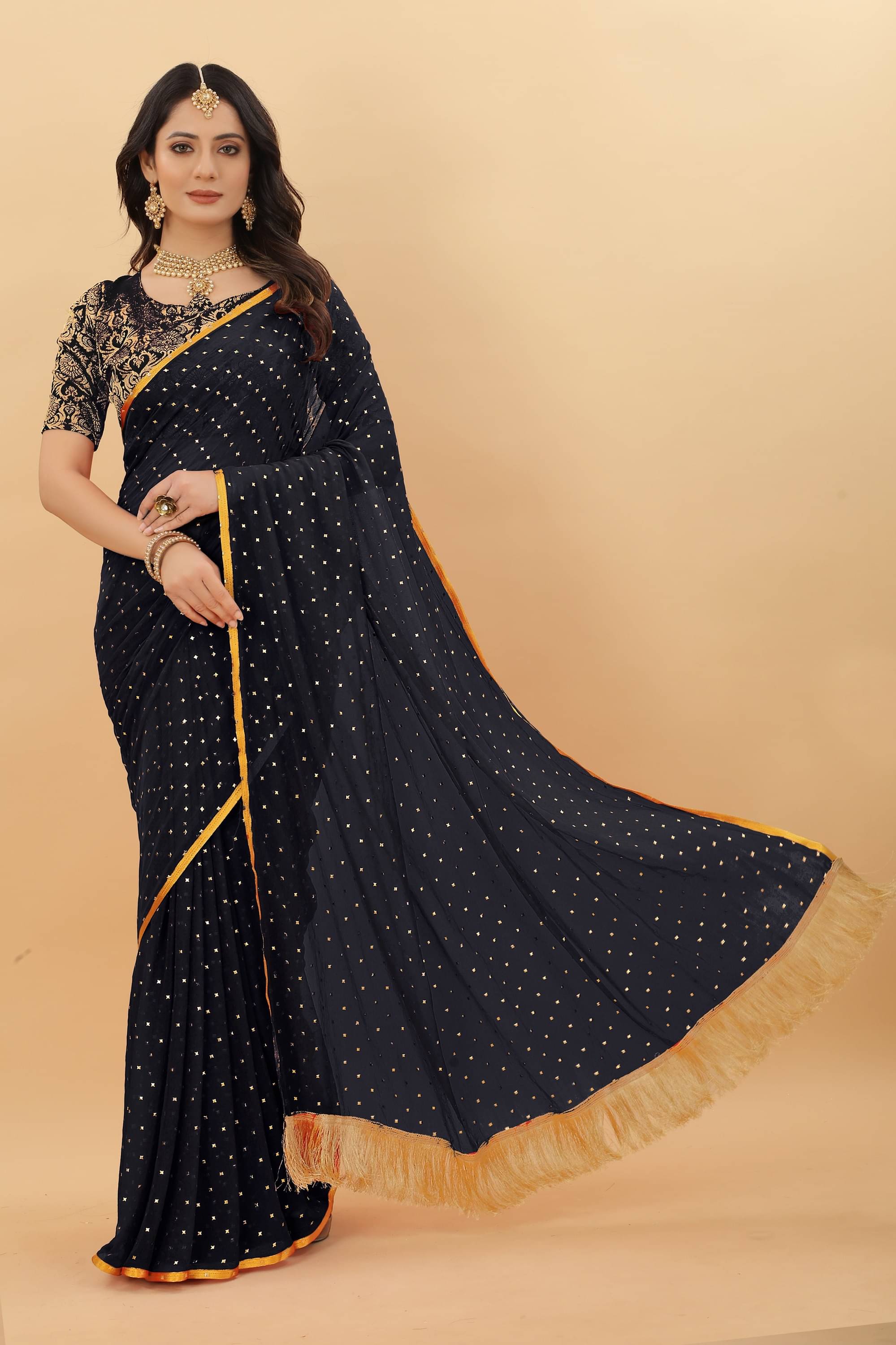     			Parmila Fashion Chiffon Embellished Saree With Unstitched Blouse Piece ( Black )
