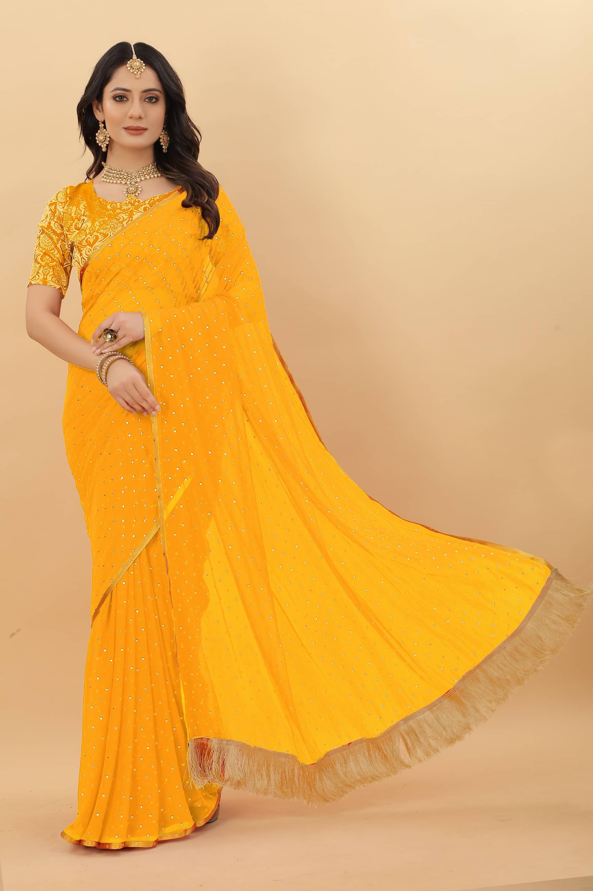 Parmila Fashion Chiffon Embellished Saree With Unstitched Blouse Piece ( Gold ) Parmila Fashion Chiffon Embellished Saree With Unstitched Blouse Piece ( Gold )