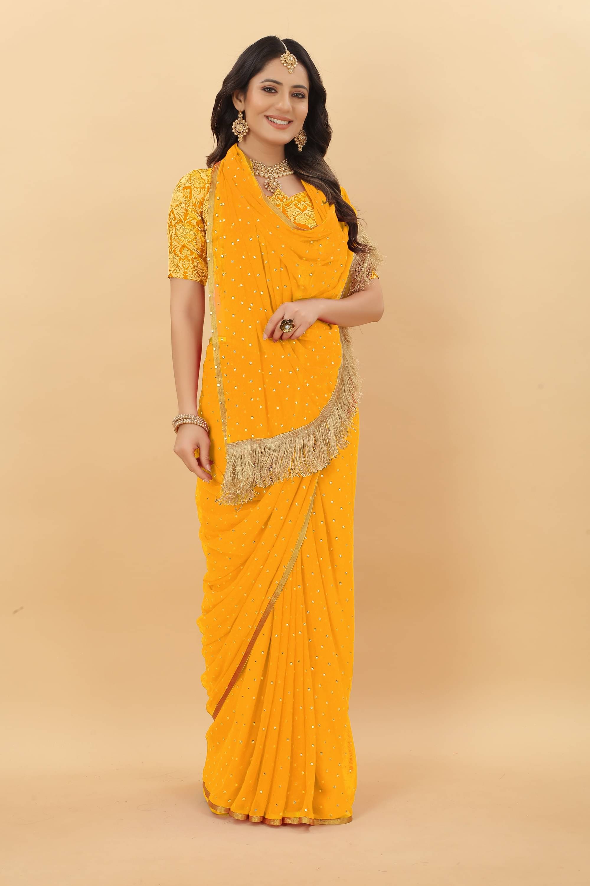 Parmila Fashion Chiffon Embellished Saree With Unstitched Blouse Piece ( Gold ) Parmila Fashion Chiffon Embellished Saree With Unstitched Blouse Piece ( Gold )
