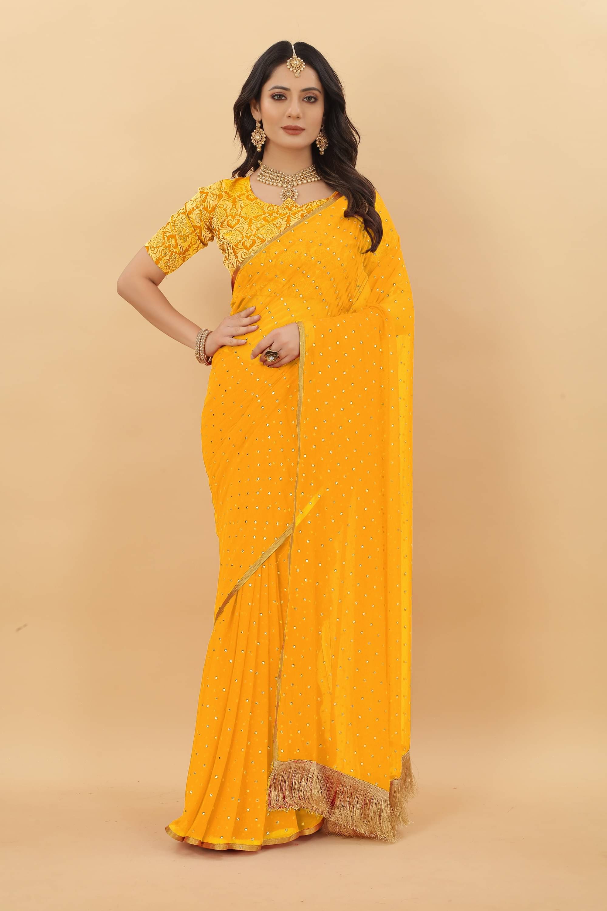     			Parmila Fashion Chiffon Printed Saree With Unstitched Blouse Piece ( Gold )