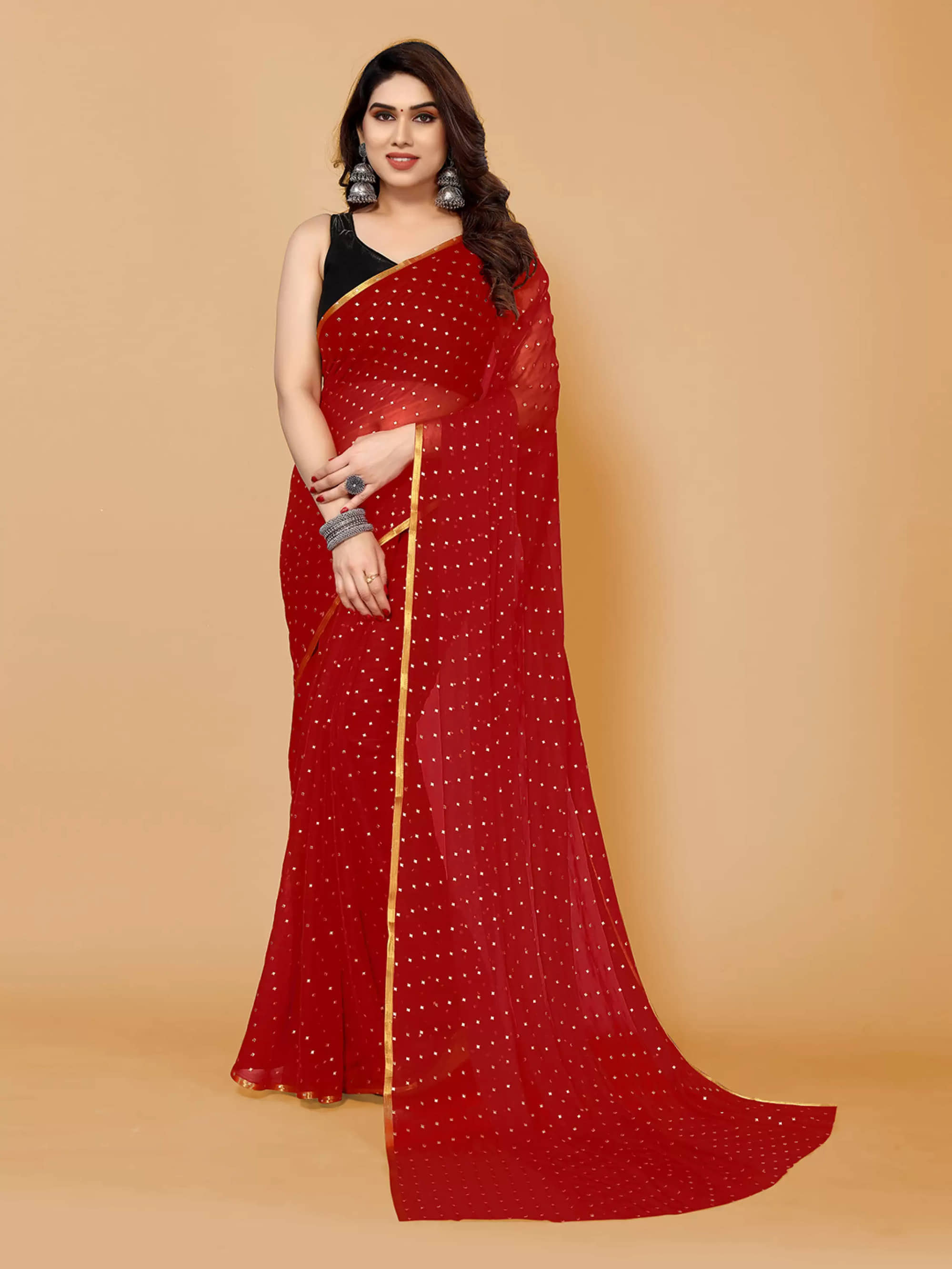 Parmila Fashion Chiffon Printed Saree With Unstitched Blouse Piece ( Red ) - Sarees | Buy online on ZillyBuy