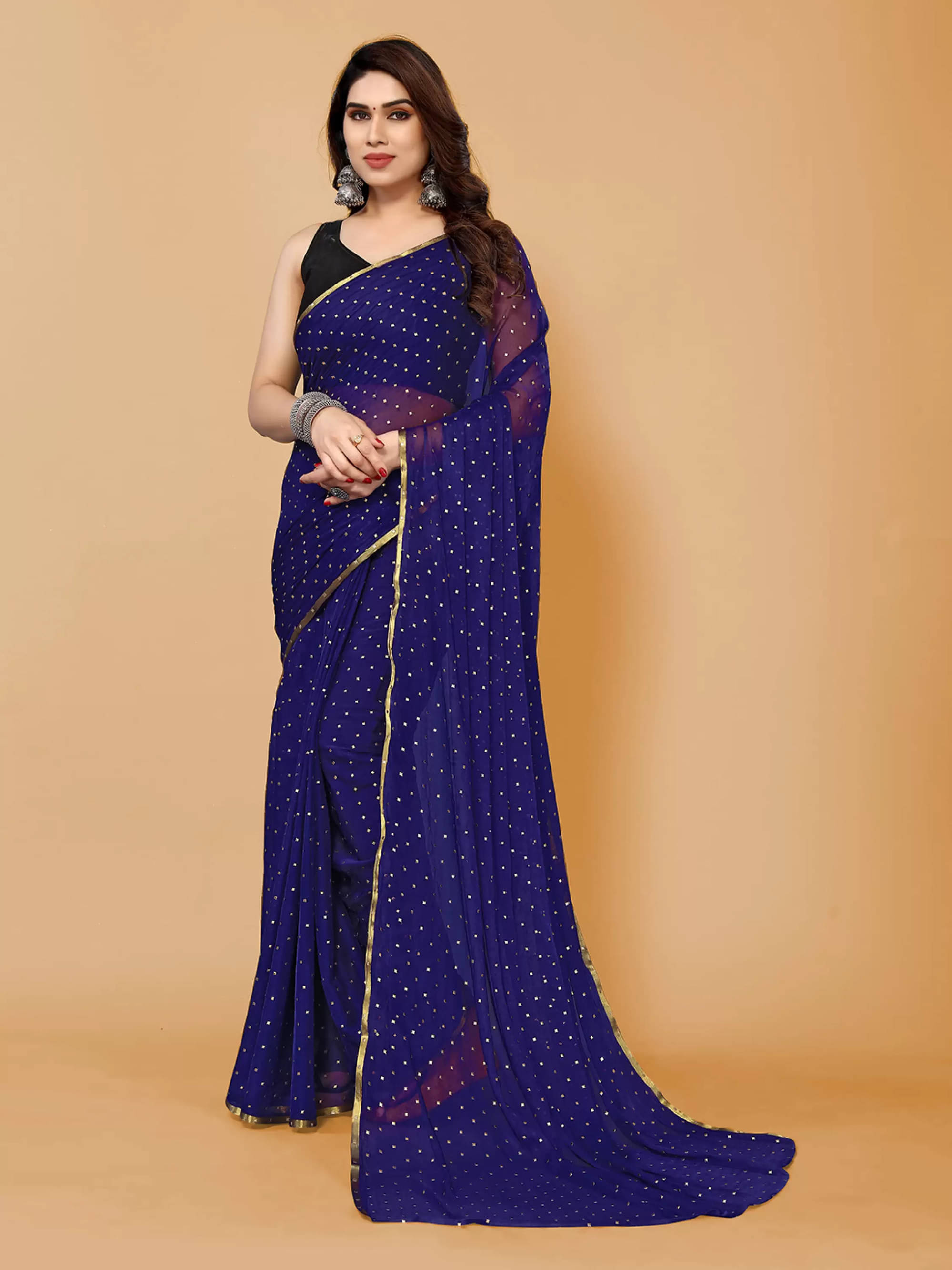 Parmila Fashion Chiffon Printed Saree With Unstitched Blouse Piece ( Navy Blue ) Parmila Fashion Chiffon Printed Saree With Unstitched Blouse Piece ( Navy Blue )
