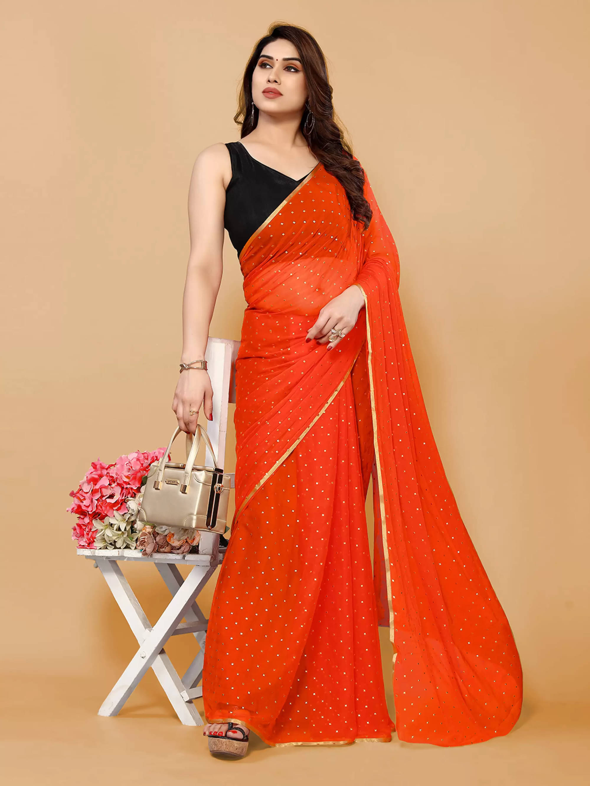    			Parmila Fashion Chiffon Printed Saree With Unstitched Blouse Piece ( Orange )
