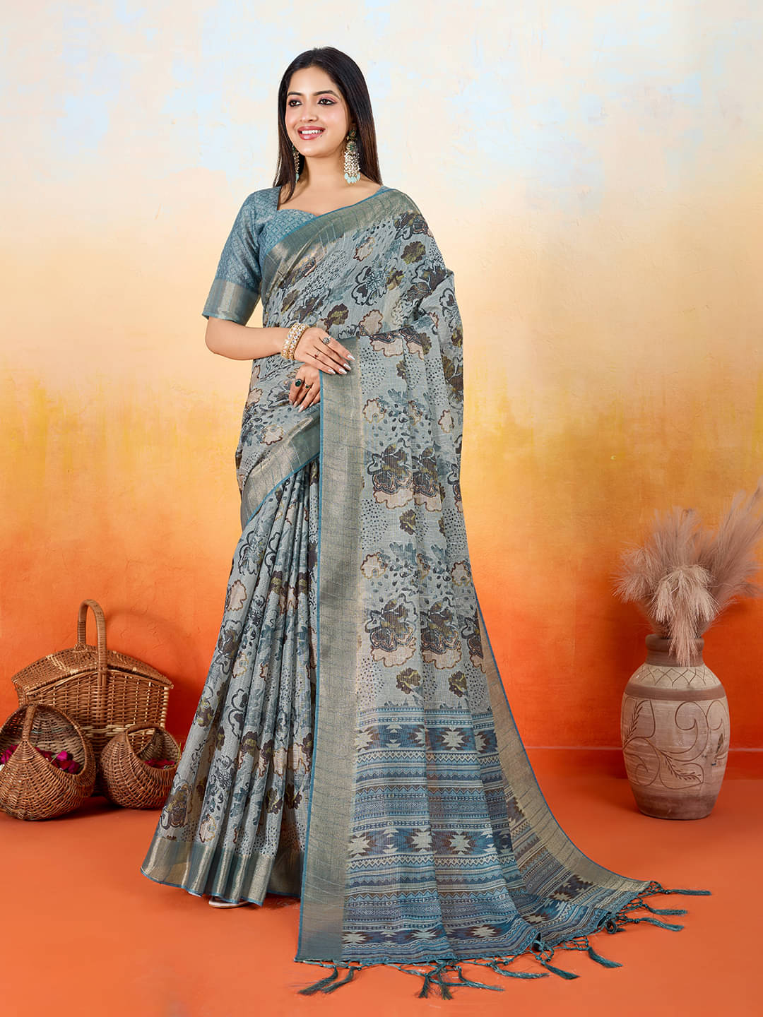 Rekha Maniyar Silk Blend Printed Saree With Unstitched Blouse Piece ( Blue ) Rekha Maniyar Silk Blend Printed Saree With Unstitched Blouse Piece ( Blue )