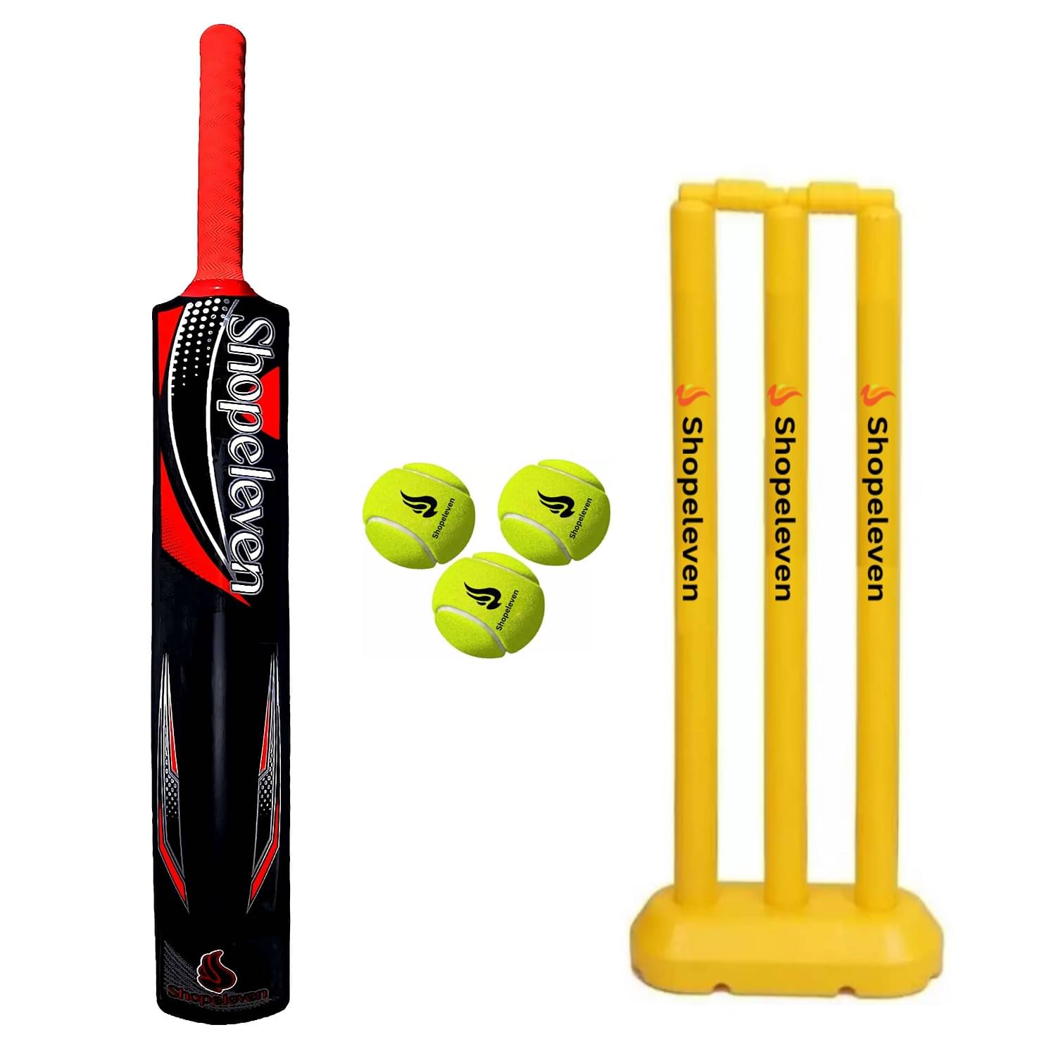     			Shopeleven All-in-One Cricket Play Set – Black Plastic Bat, Stumps, and 3 Tennis Balls for Garden or Park Games