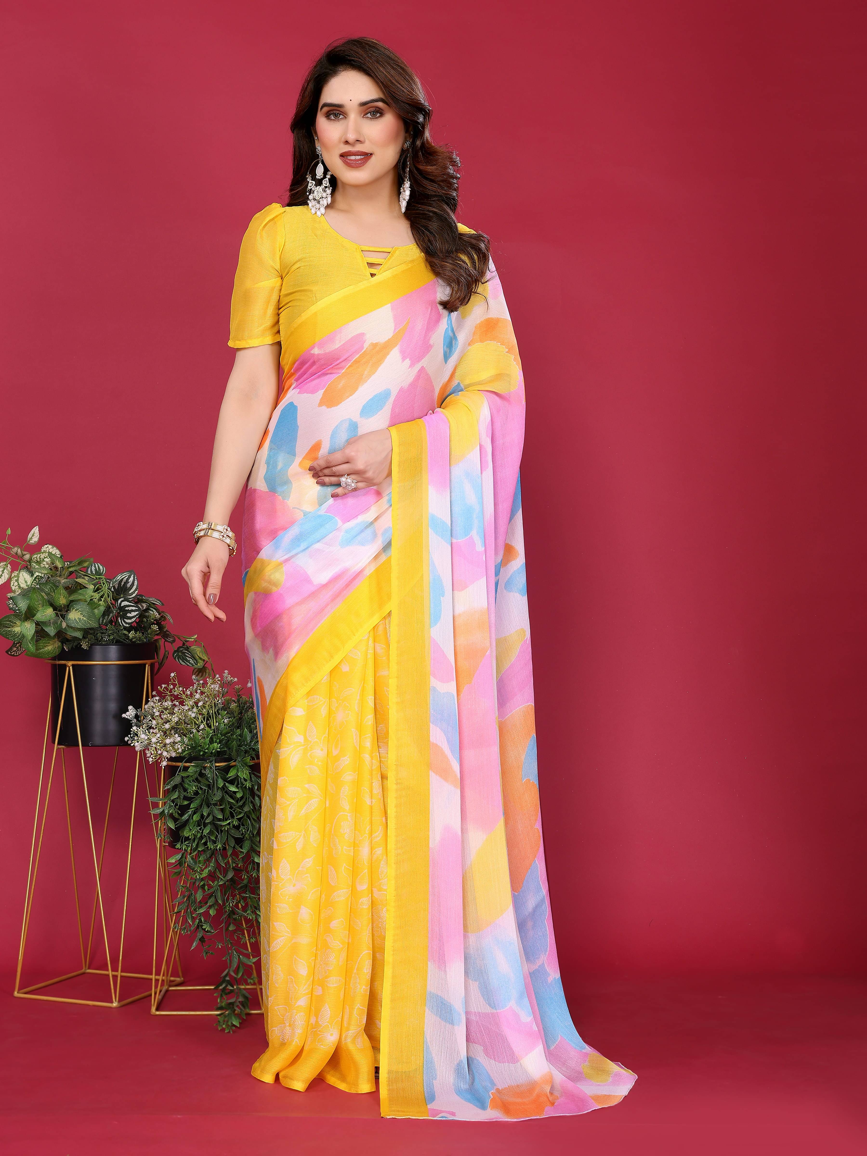 VS MALL Chiffon Printed Saree With Unstitched Blouse Piece ( Yellow ) VS MALL Chiffon Printed Saree With Unstitched Blouse Piece ( Yellow )