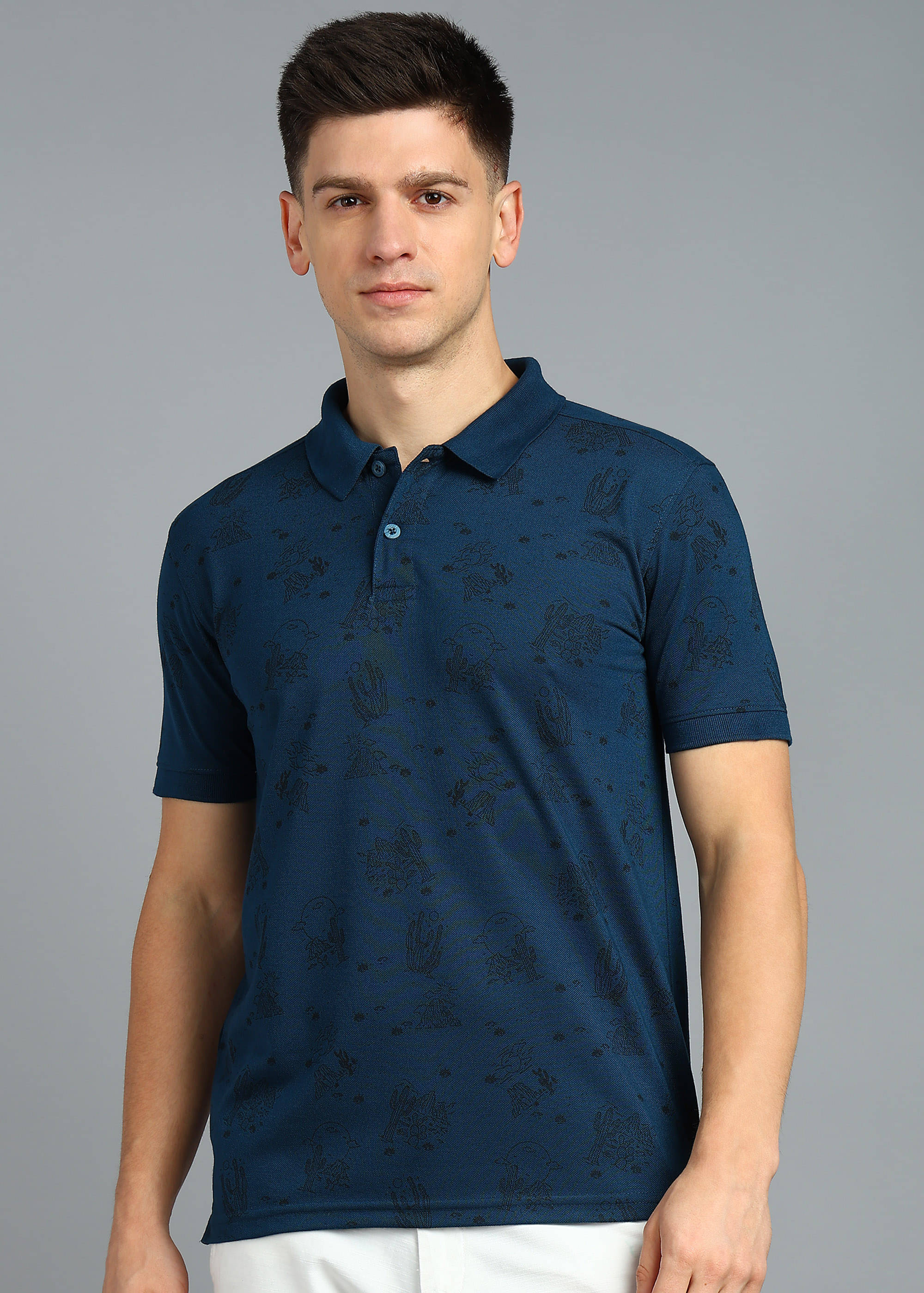     			XFOX Men Cotton Blend Regular Fit Printed Polo T Shirt ( Blue )