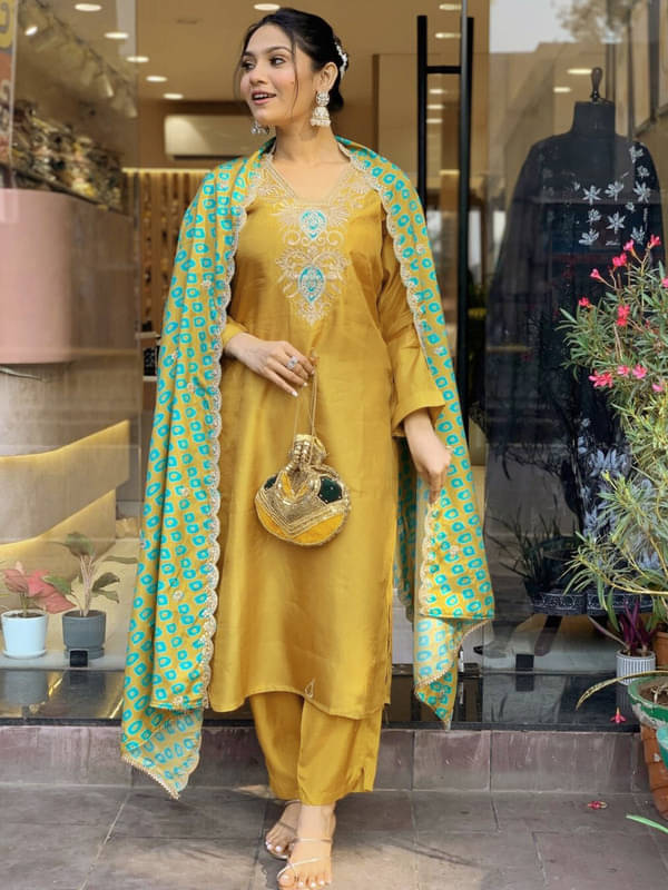 piludi Women's Chanderi Embroidered Kurti With Pants ( Yellow ) piludi Women's Chanderi Embroidered Kurti With Pants ( Yellow )