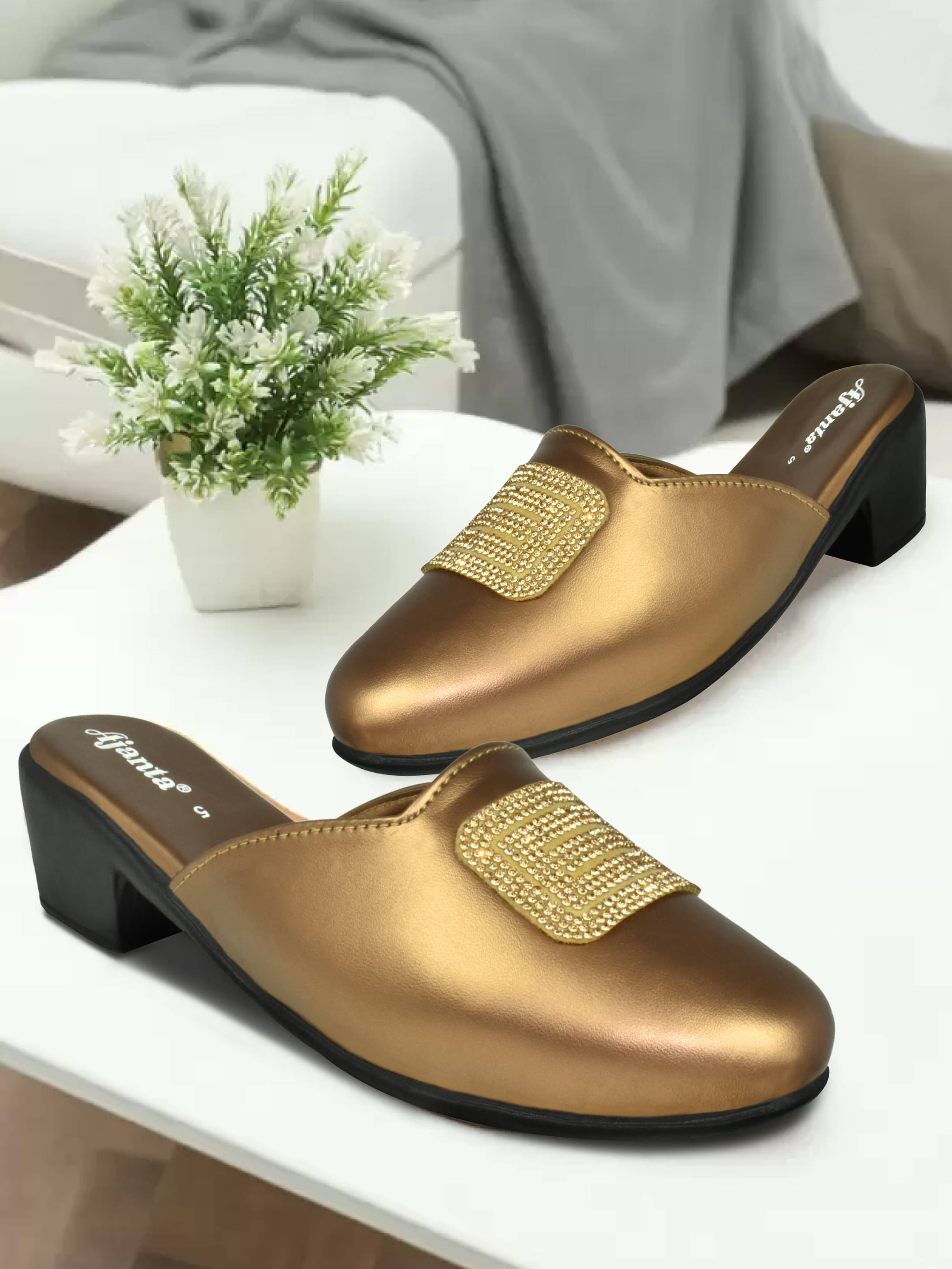 Ajanta Gold Women's Slip On Heels     			Ajanta Gold Women's Slip On Heels