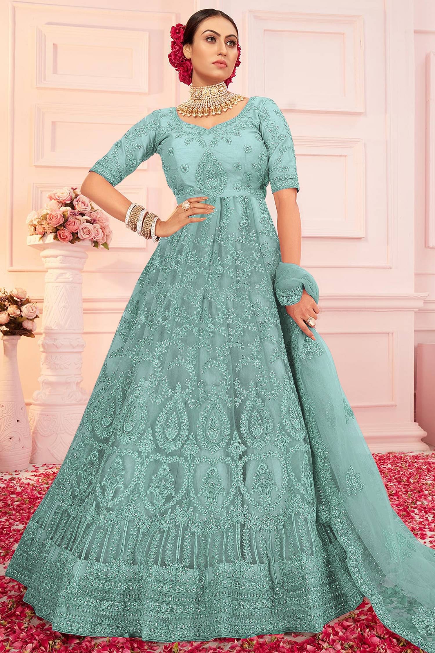     			Apnisha Women Net Flared Semi Stitched Ethnic Gown ( Sea Green )