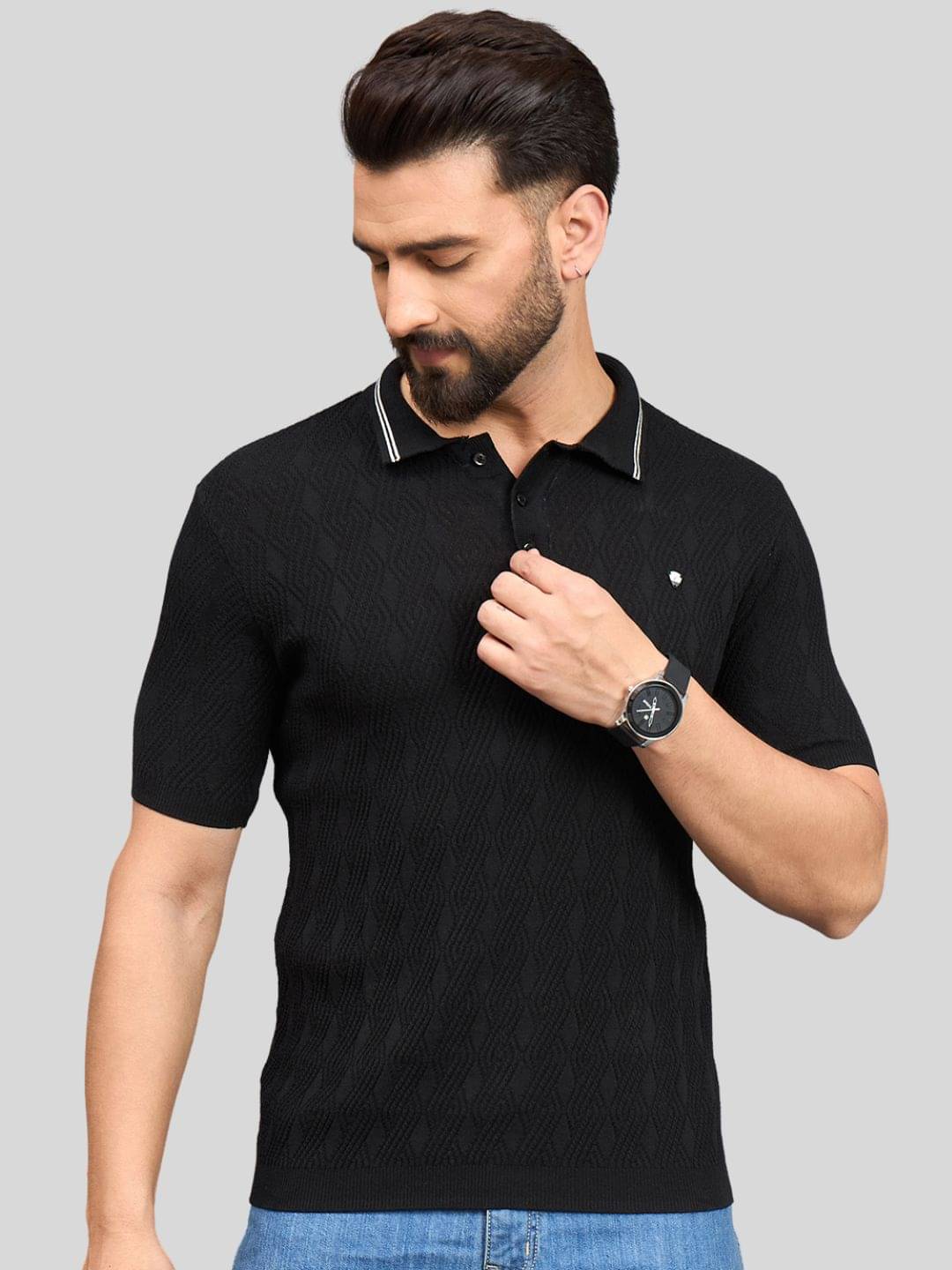     			Clapton Men Cotton Regular Fit Self Design Polo T Shirt ( Black )