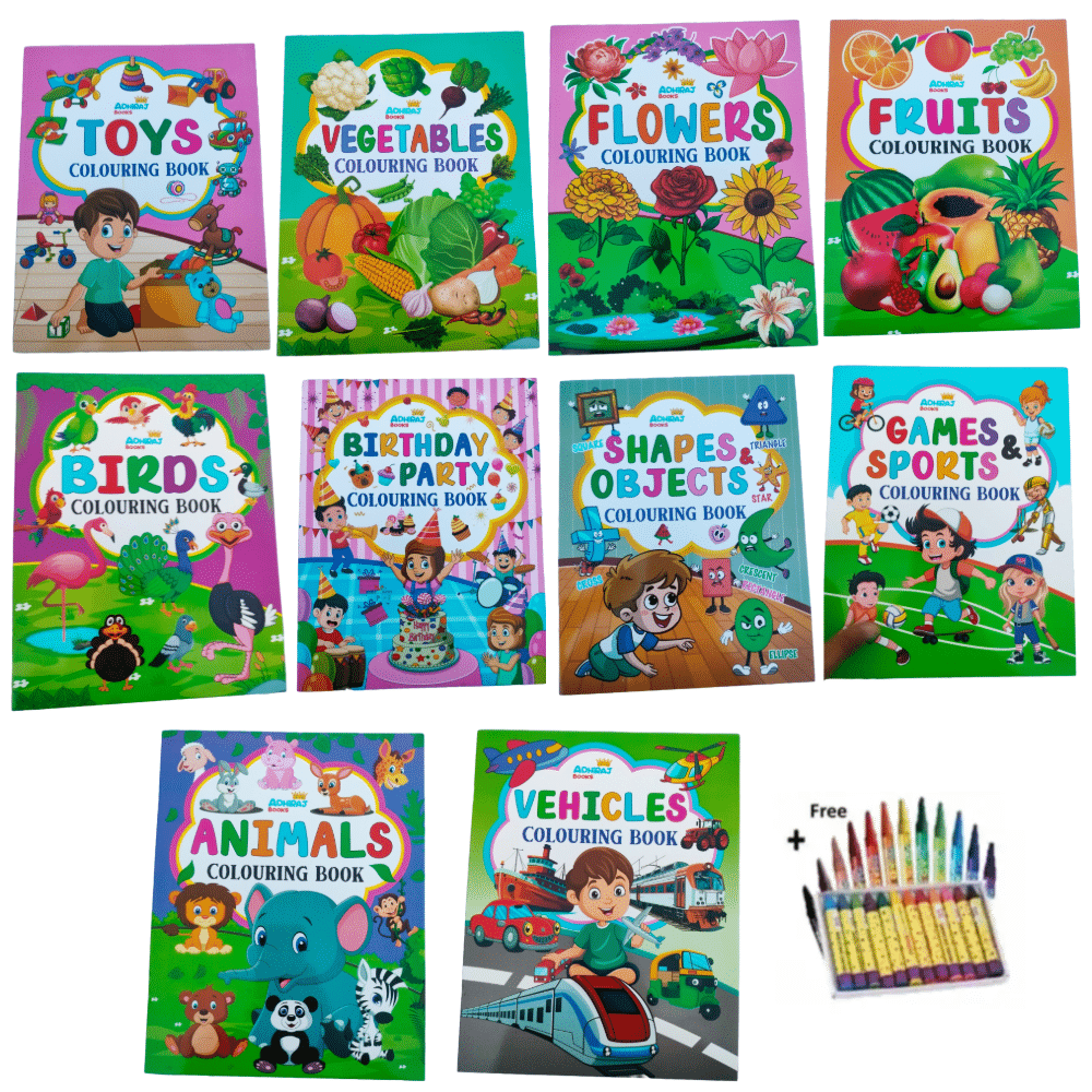 Combo of 10 A4 Colouring Books for Kids with Free ₹10 Crayon Pack Combo of 10 A4 Colouring Books for Kids with Free ₹10 Crayon Pack