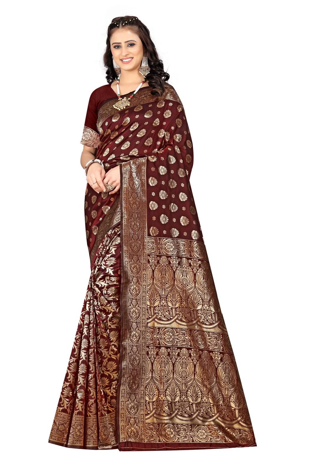 DHAYNA AND REEWA FASHION Banarasi Silk Woven Saree With Unstitched Blouse Piece ( Maroon ) DHAYNA AND REEWA FASHION Banarasi Silk Woven Saree With Unstitched Blouse Piece ( Maroon )