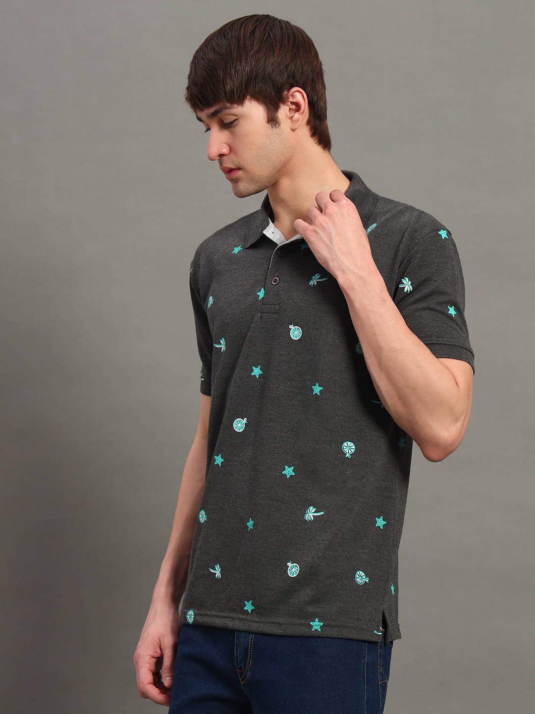 GET GOLF Men Cotton Blend Regular Fit Printed Polo T Shirt ( Charcoal ) GET GOLF Men Cotton Blend Regular Fit Printed Polo T Shirt ( Charcoal )