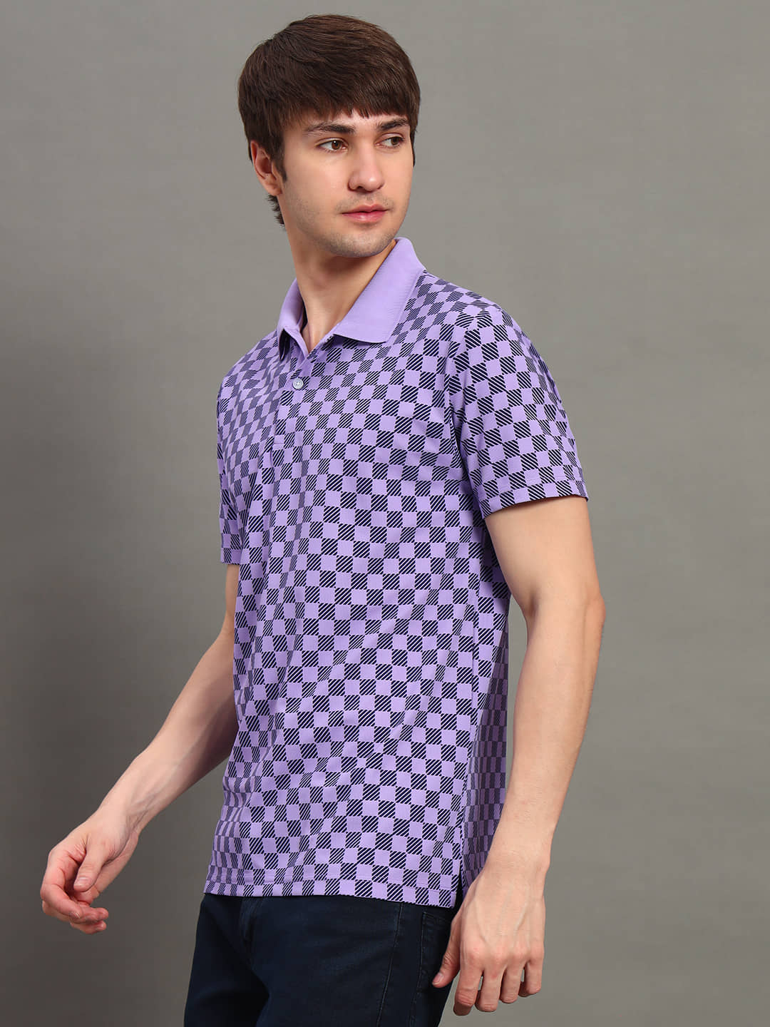 GET GOLF Men Cotton Blend Regular Fit Checks Polo T Shirt ( Lavender )