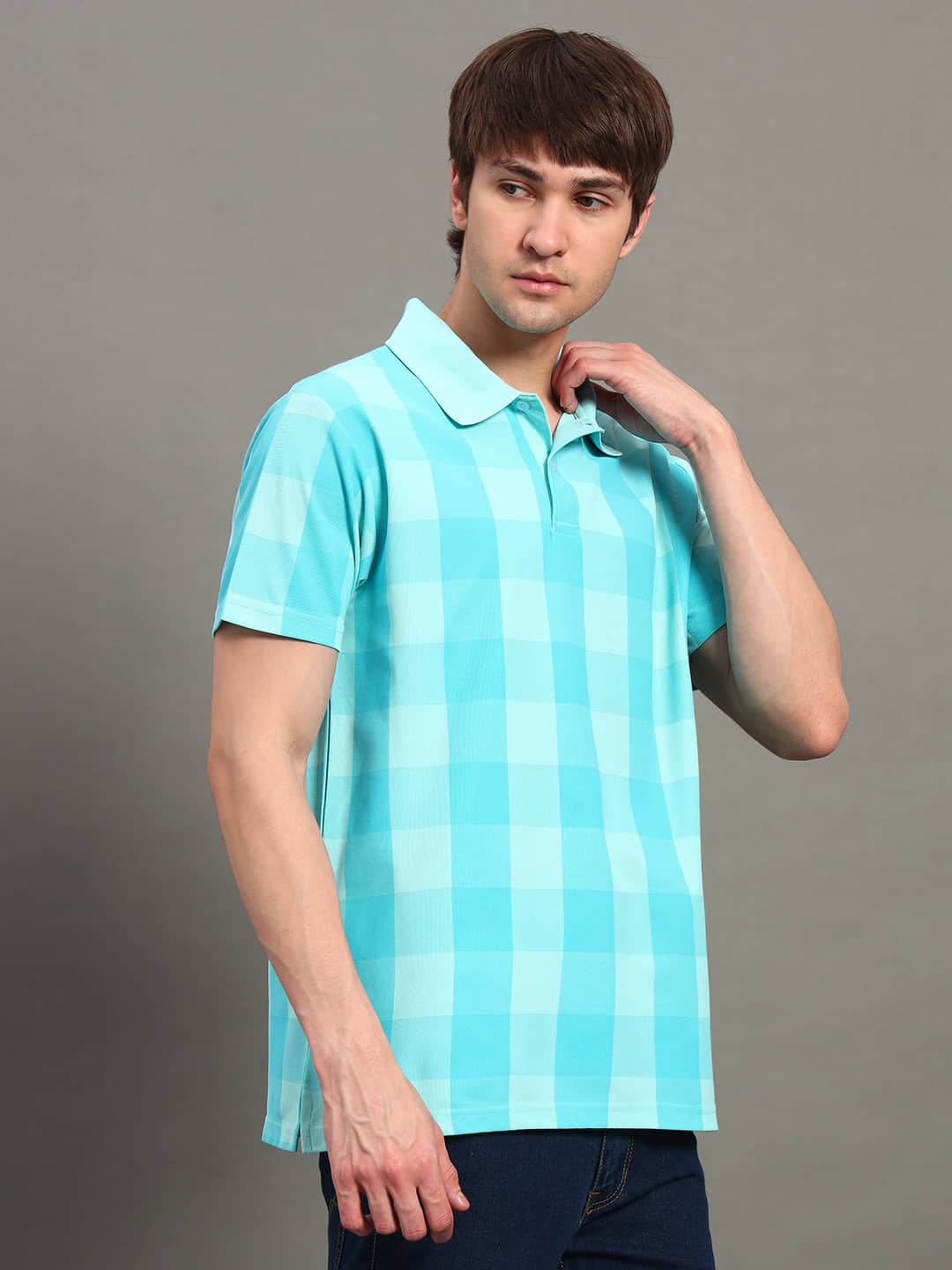 GET GOLF Men Cotton Blend Regular Fit Checks Polo T Shirt ( Aqua )
