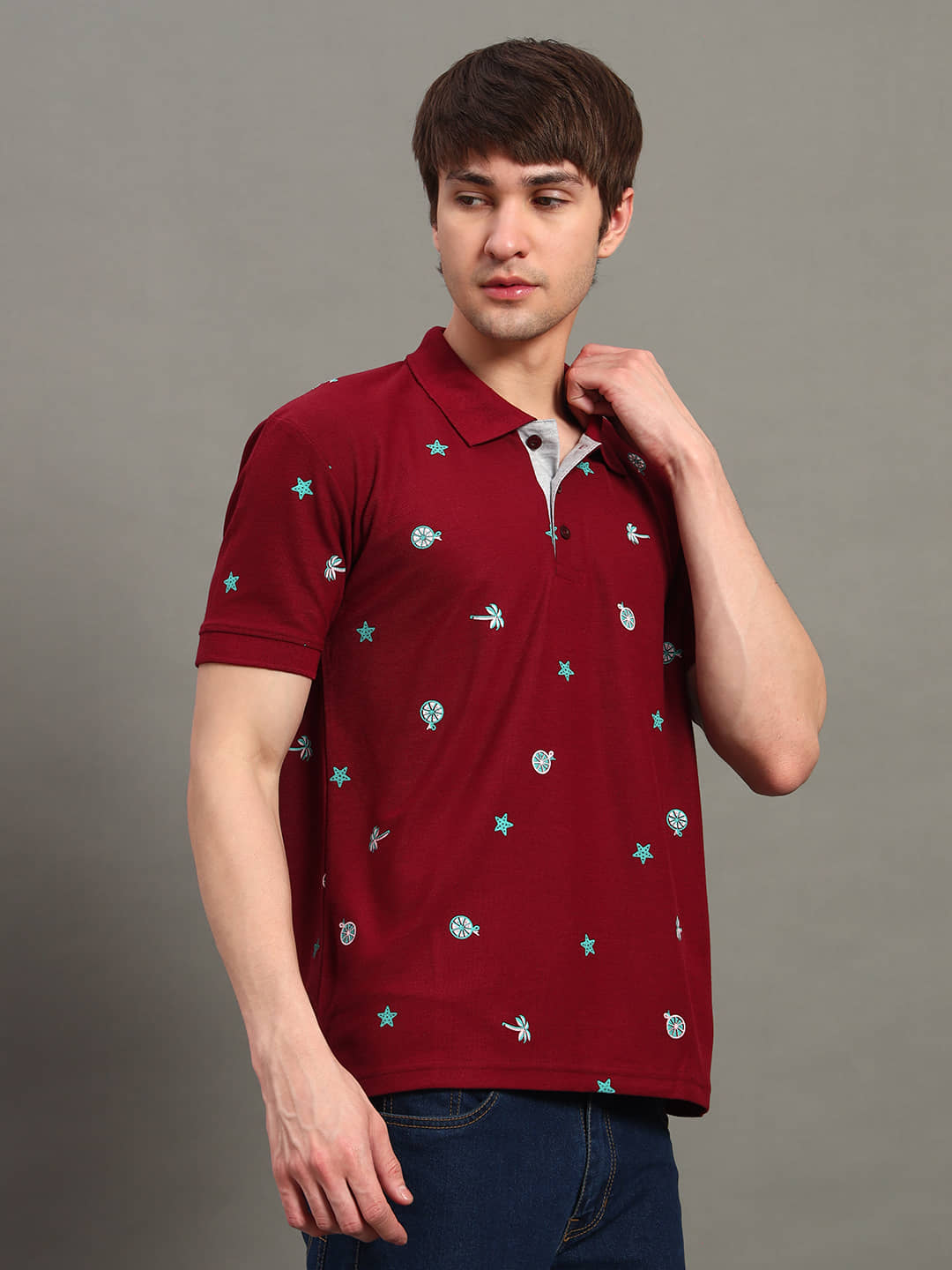 GET GOLF Men Cotton Blend Regular Fit Printed Polo T Shirt ( Maroon )