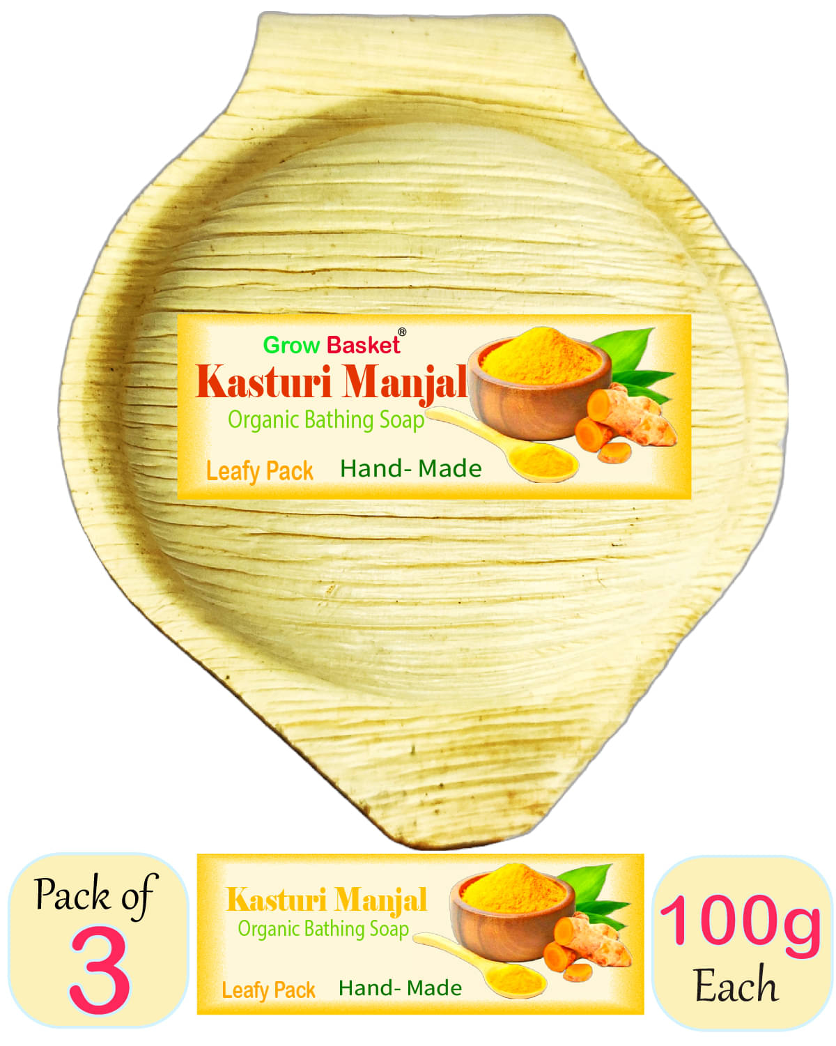     			Grow Basket Deodorizing Kasturi Mhanjal Wild Turmeric Bathing Bar for Combination Skin ( Pack of 3 )