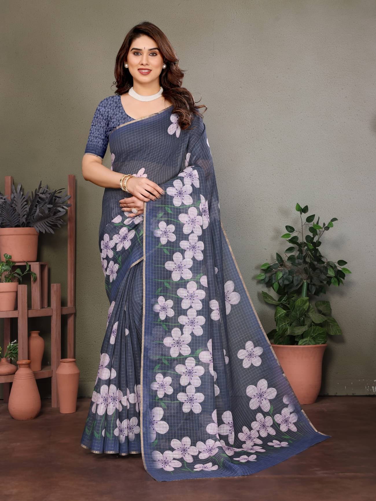 HITESH ENTERPRISE Linen Checks Saree With Unstitched Blouse Piece ( Blue ) HITESH ENTERPRISE Linen Checks Saree With Unstitched Blouse Piece ( Blue )