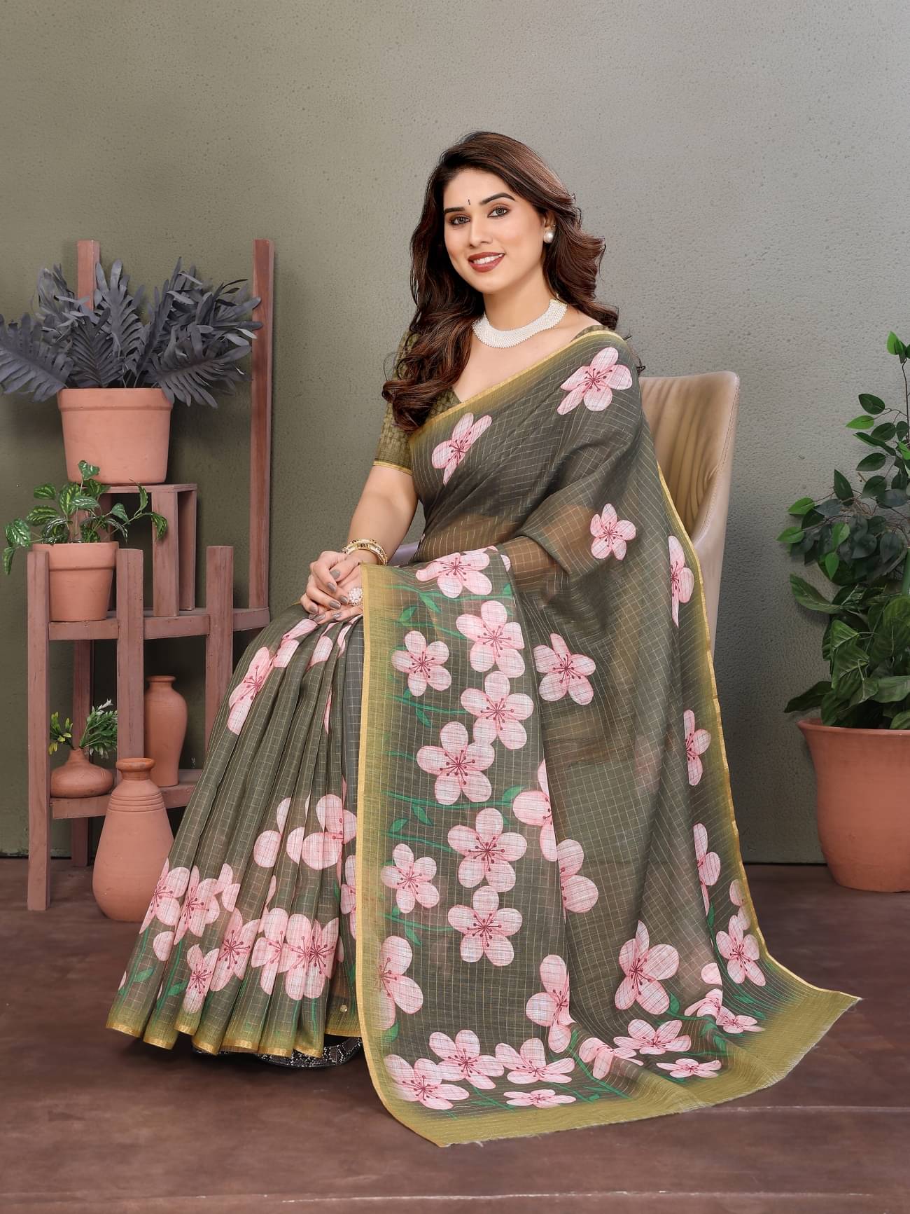 HITESH ENTERPRISE Linen Checks Saree With Unstitched Blouse Piece ( Green ) HITESH ENTERPRISE Linen Checks Saree With Unstitched Blouse Piece ( Green )