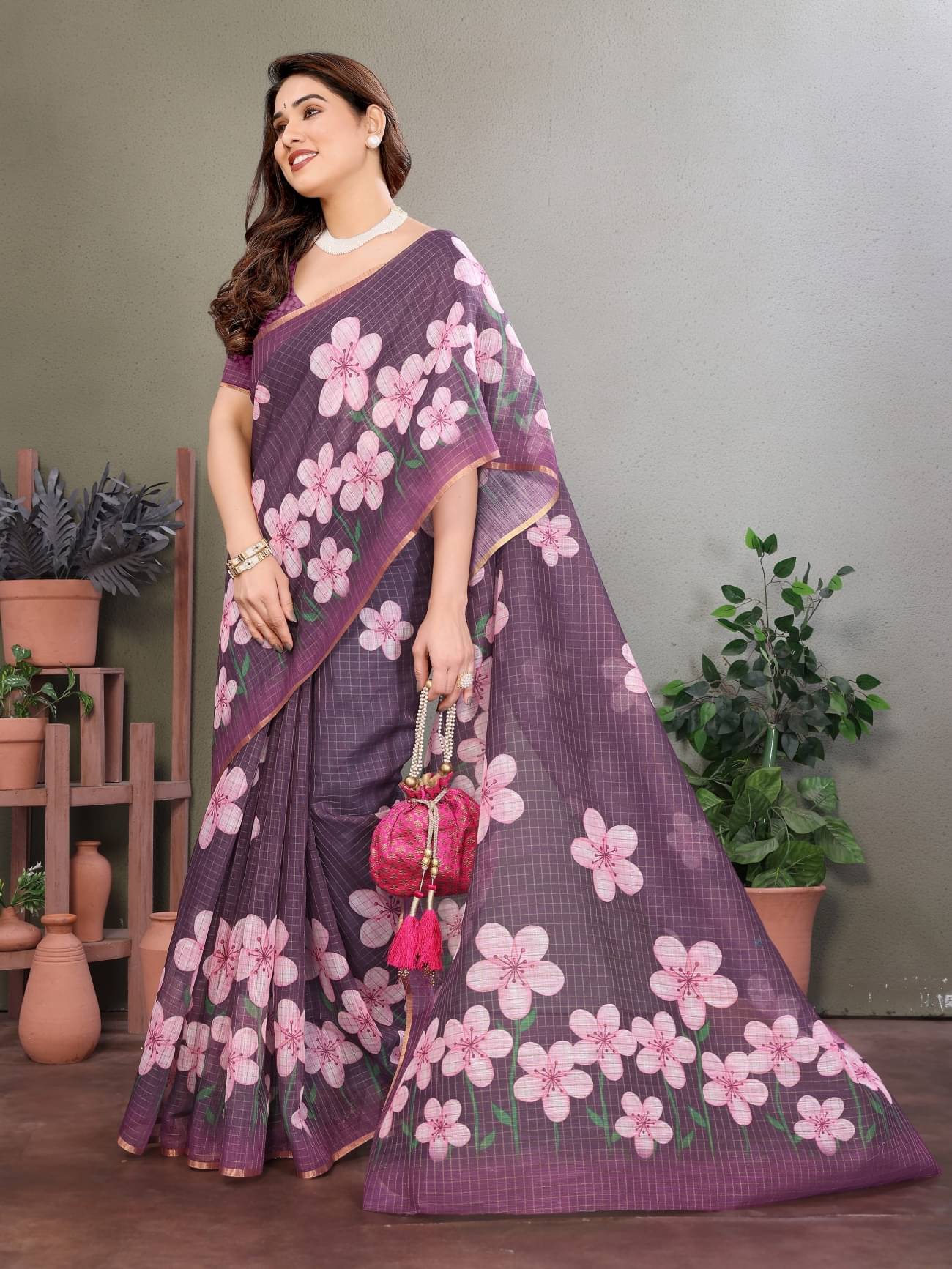 HITESH ENTERPRISE Linen Checks Saree With Unstitched Blouse Piece ( Purple ) HITESH ENTERPRISE Linen Checks Saree With Unstitched Blouse Piece ( Purple )