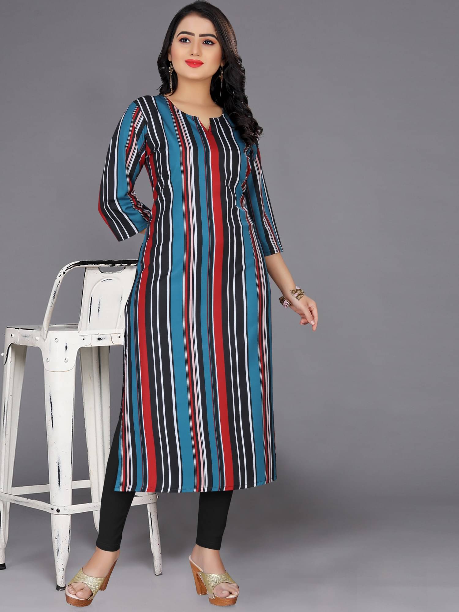     			Indian Fashionista Women's Cotton Blend Striped Straight Kurti - ( Blue )