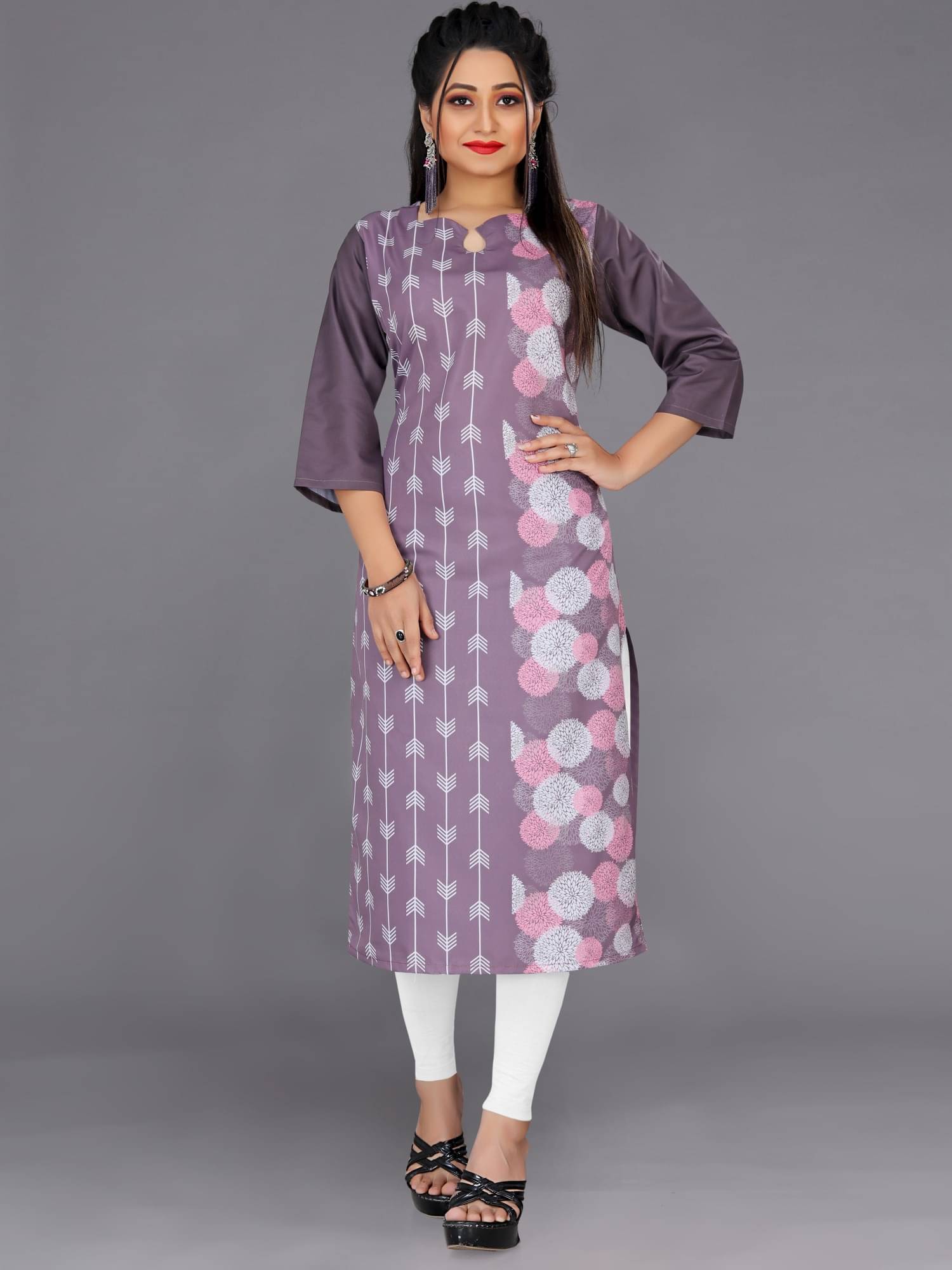     			Indian Fashionista Women's Cotton Blend Striped A-line Kurti - ( Purple )