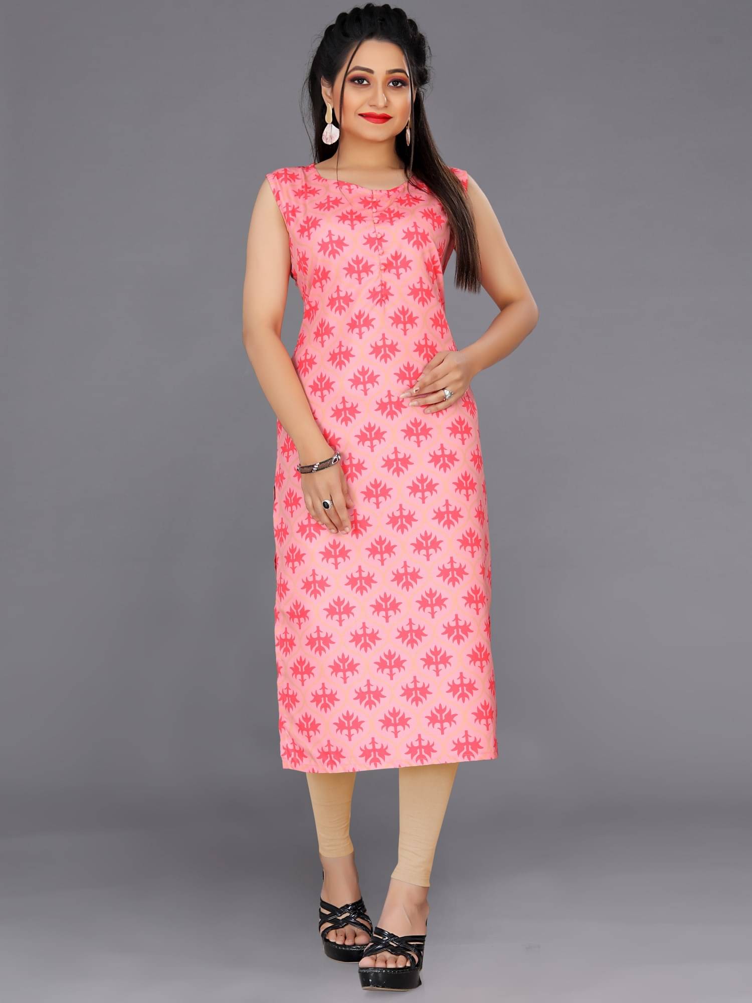     			Indian Fashionista Women's Cotton Blend Striped Straight Kurti - ( Pink )