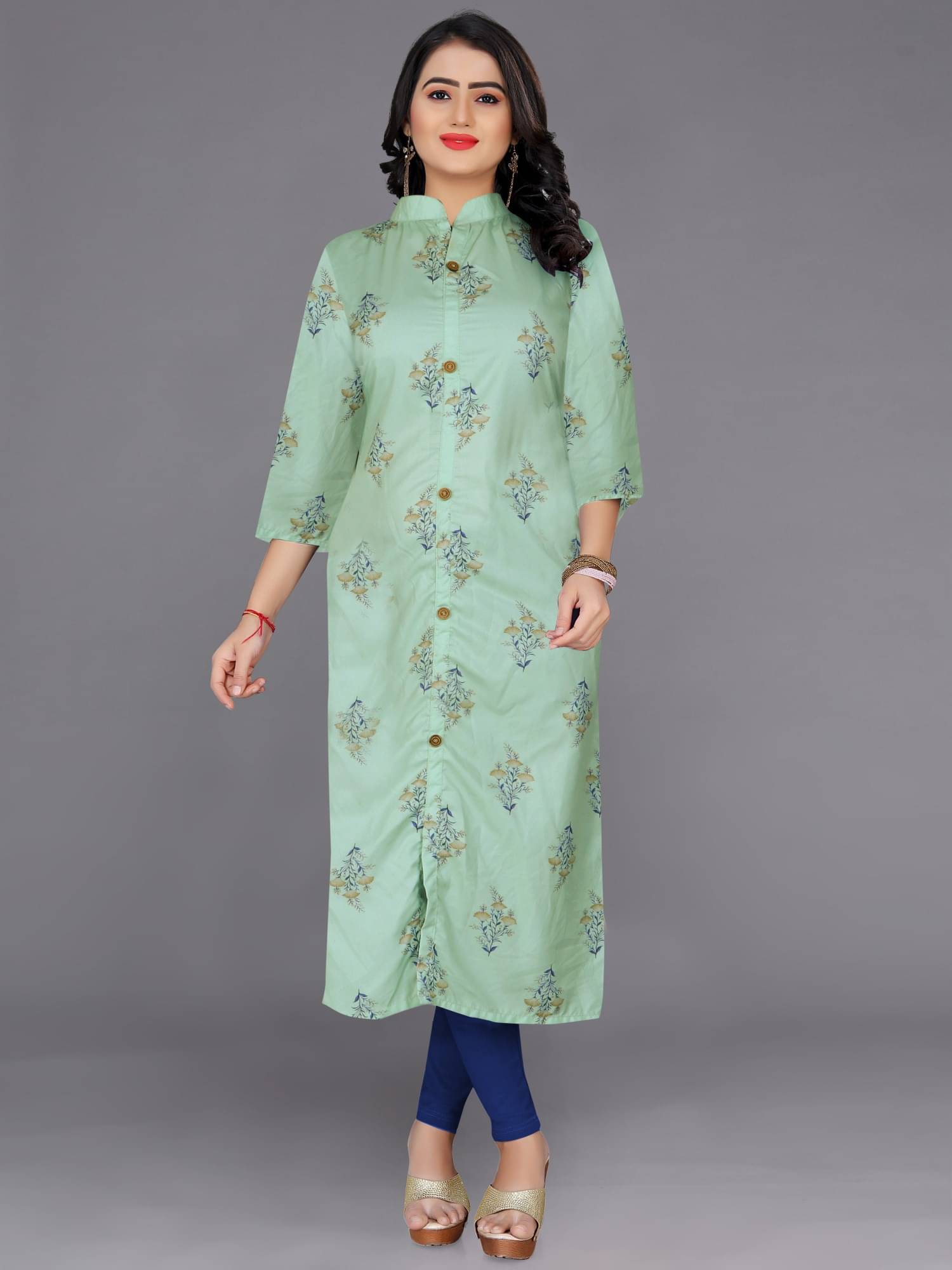     			Indian Fashionista Women's Cotton Blend Striped Straight Kurti - ( Green )