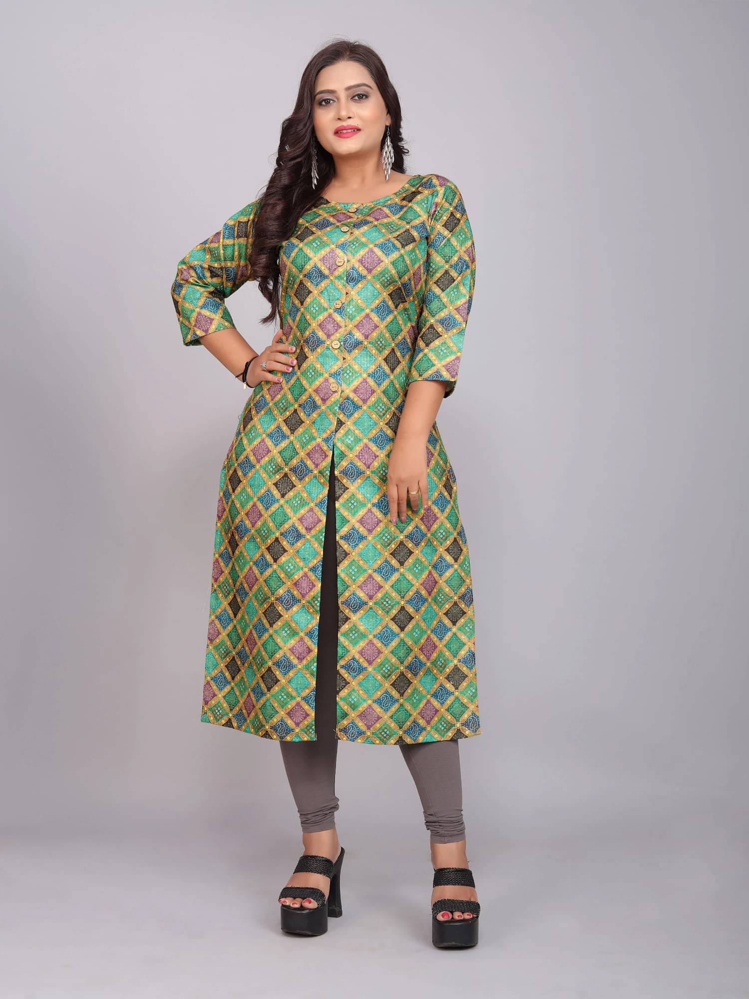     			Indian Fashionista Women's Cotton Blend Printed Front Slit Kurti - ( Dark Green )