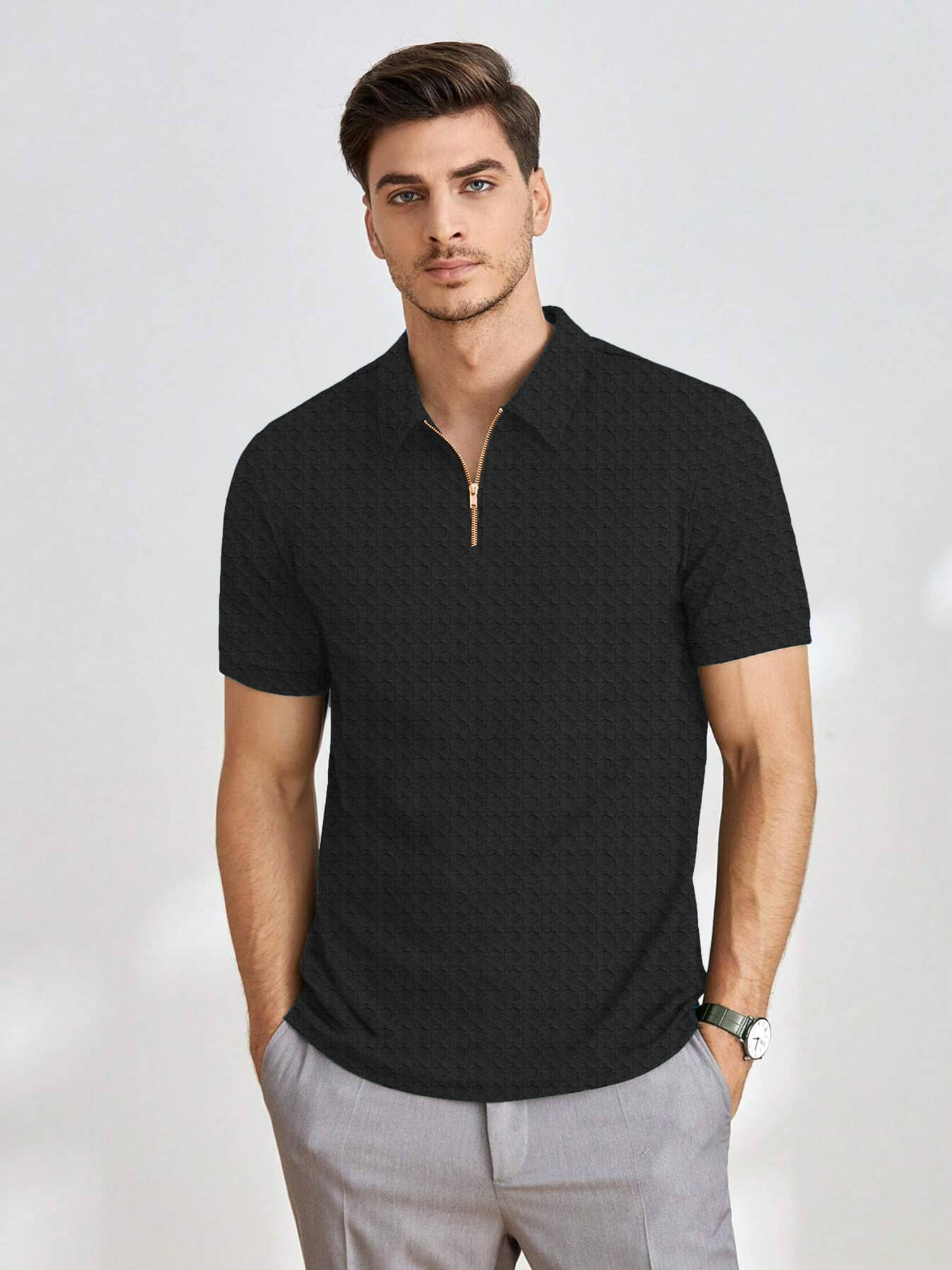 KAJARU Men Polyester Regular Fit Self Design Polo T Shirt ( Black )     			KAJARU Men Polyester Regular Fit Self Design Polo T Shirt ( Black )