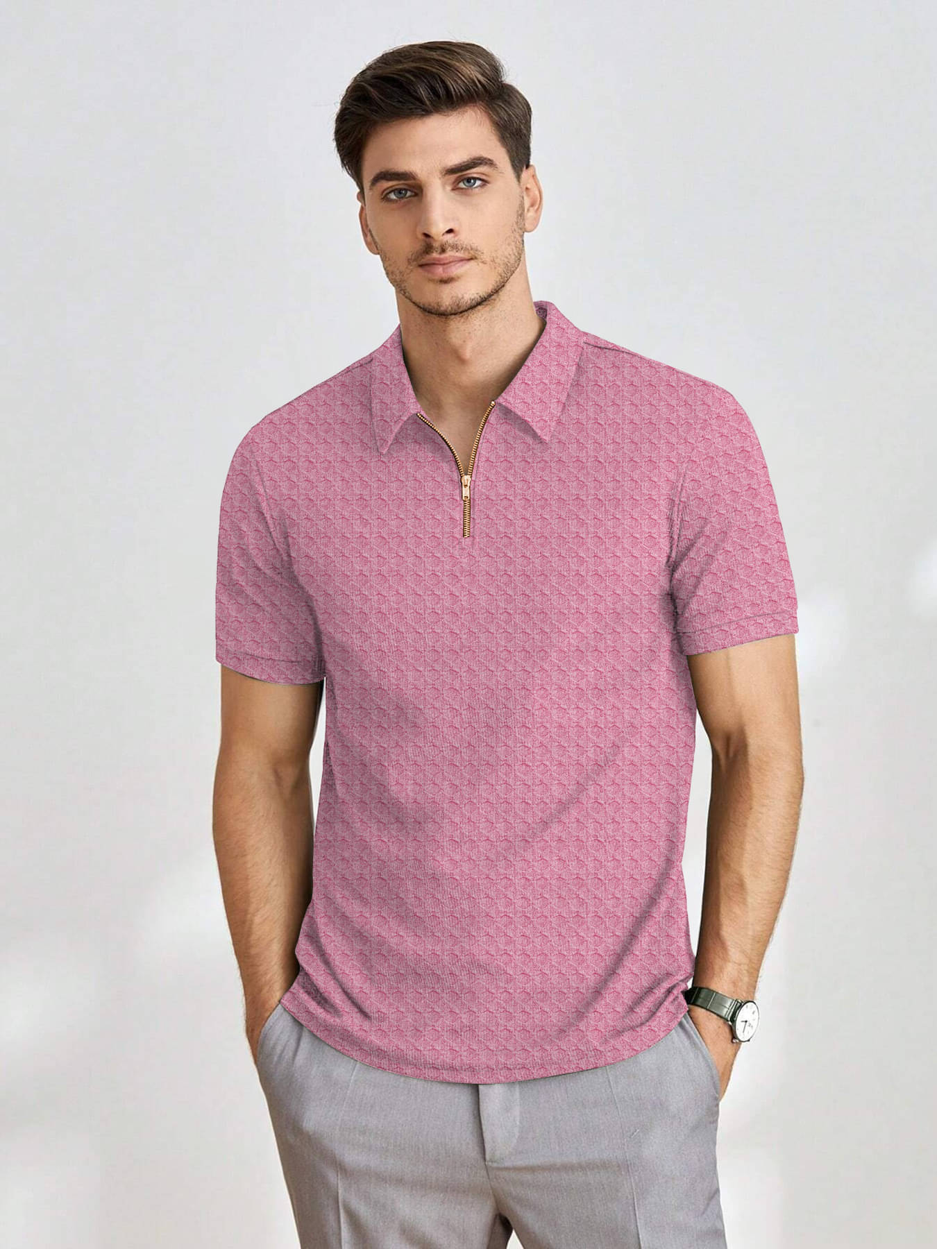 KAJARU Men Polyester Regular Fit Self Design Polo T Shirt ( Pink ) KAJARU Men Polyester Regular Fit Self Design Polo T Shirt ( Pink )