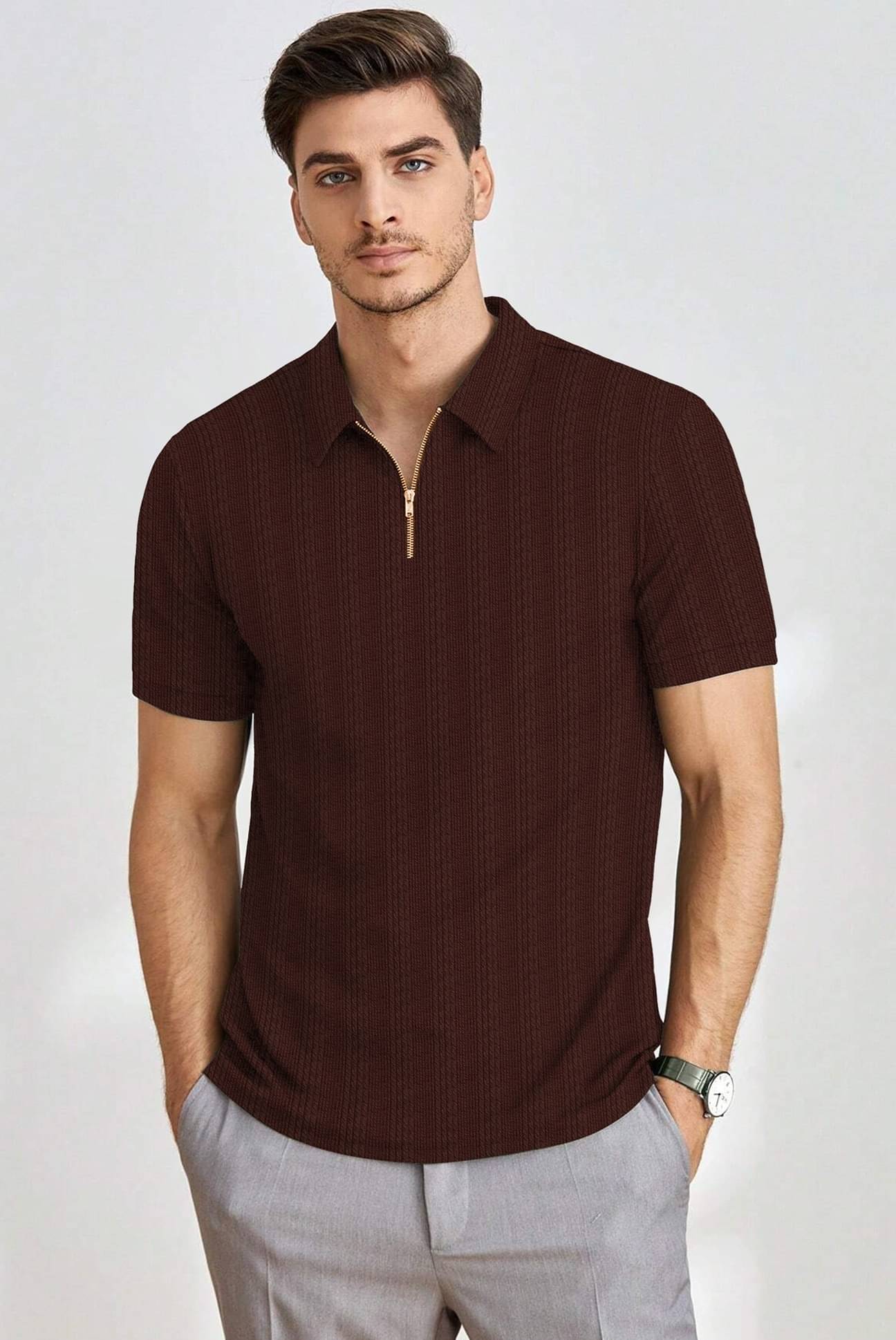     			KAJARU Men Polyester Regular Fit Striped Polo T Shirt ( Brown )
