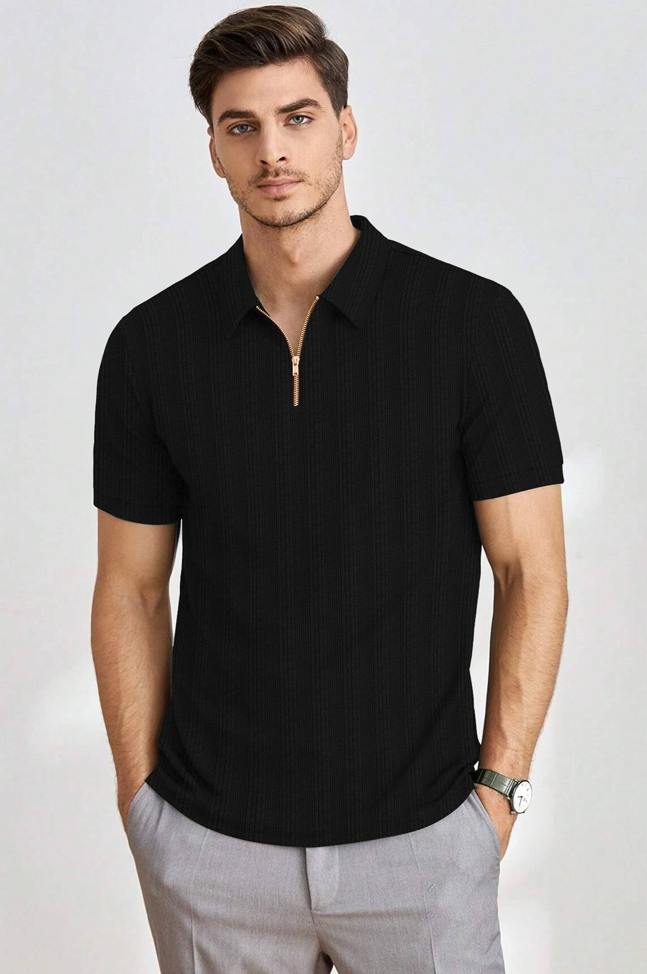 KAJARU Men Polyester Regular Fit Striped Polo T Shirt ( Black ) KAJARU Men Polyester Regular Fit Striped Polo T Shirt ( Black )