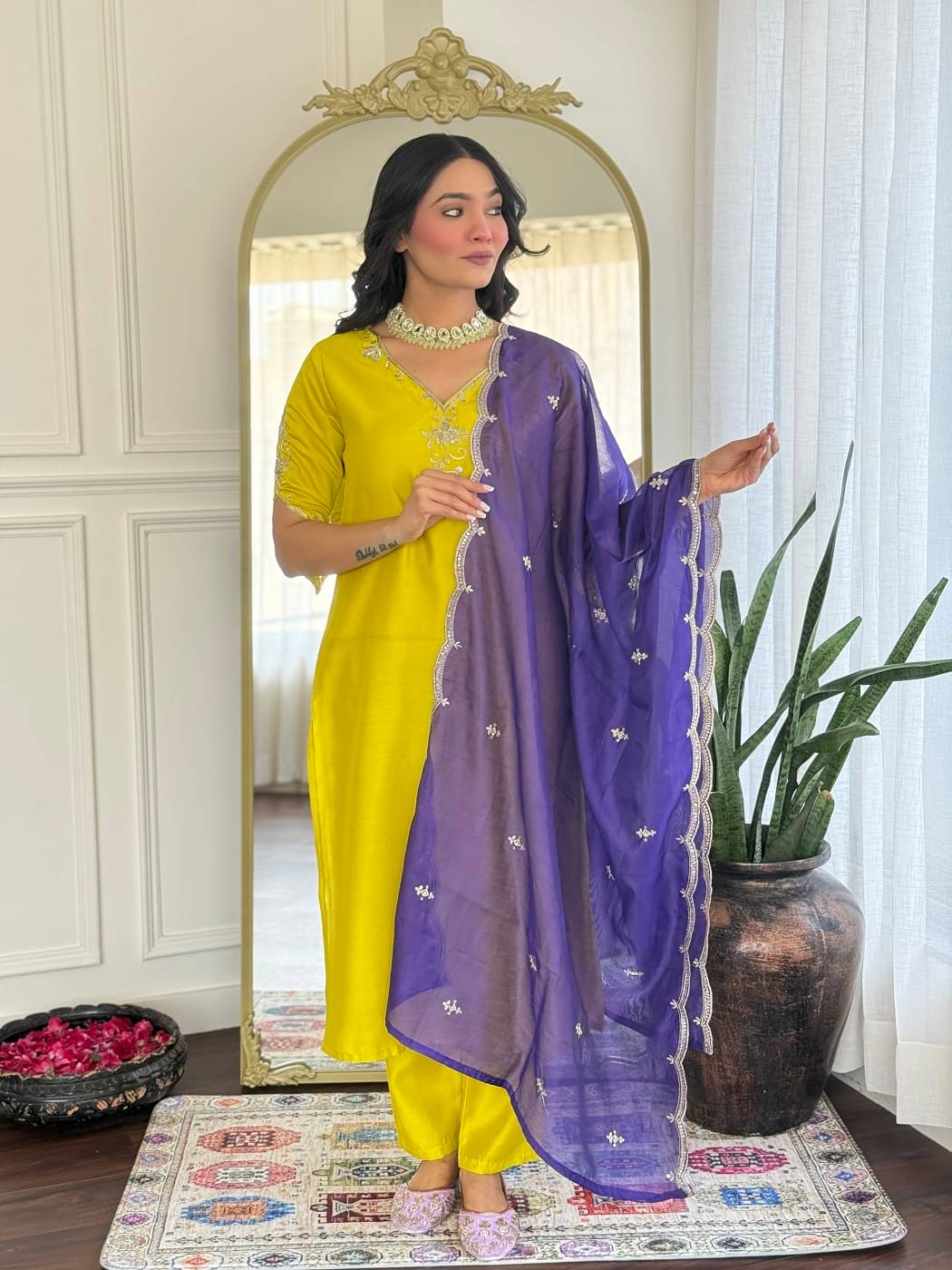    			KOTRONS Women's Viscose Embroidered Kurti With Pants ( Lemon Yellow )